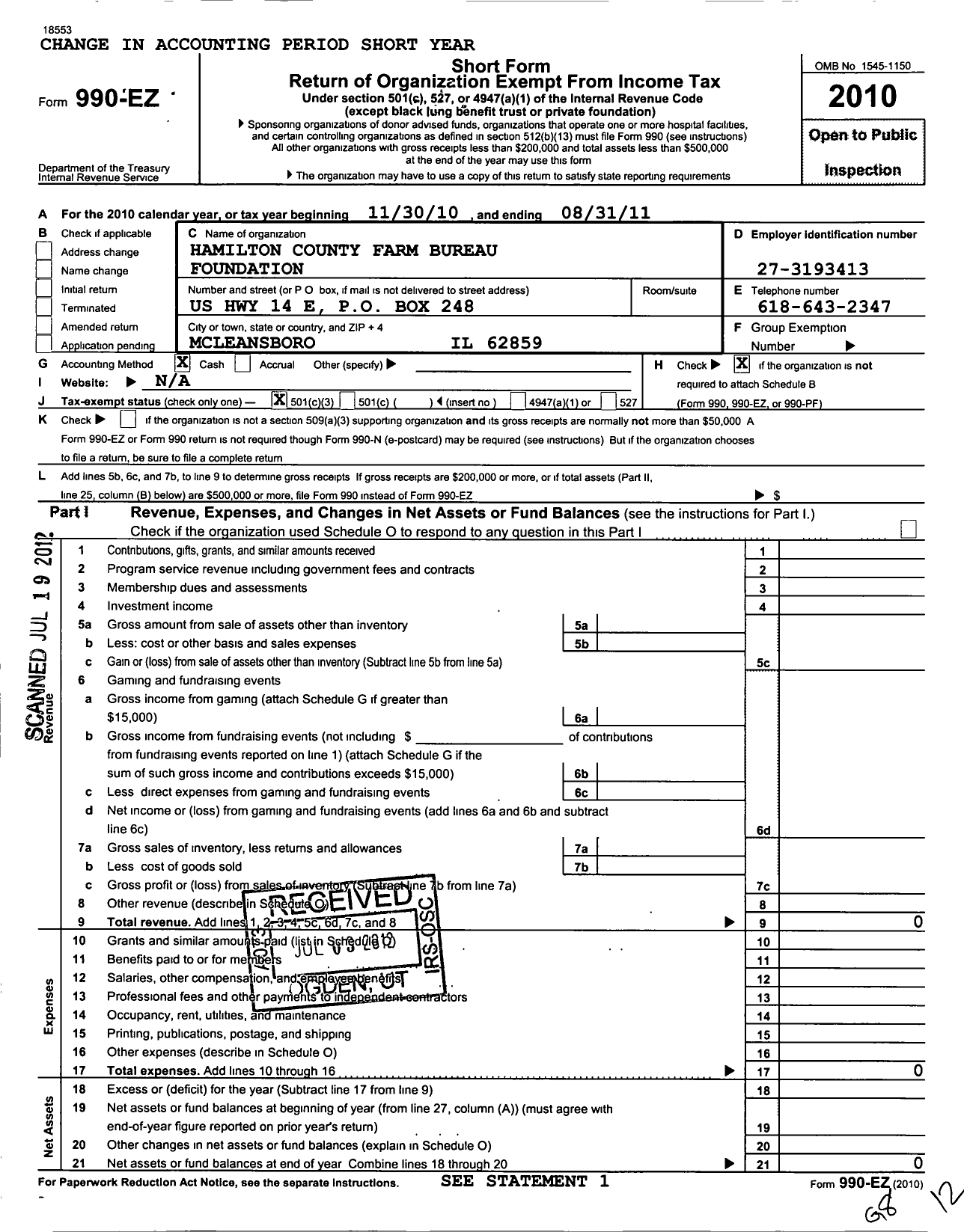 Image of first page of 2010 Form 990EZ for Hamilton County Farm Bureau Foundation