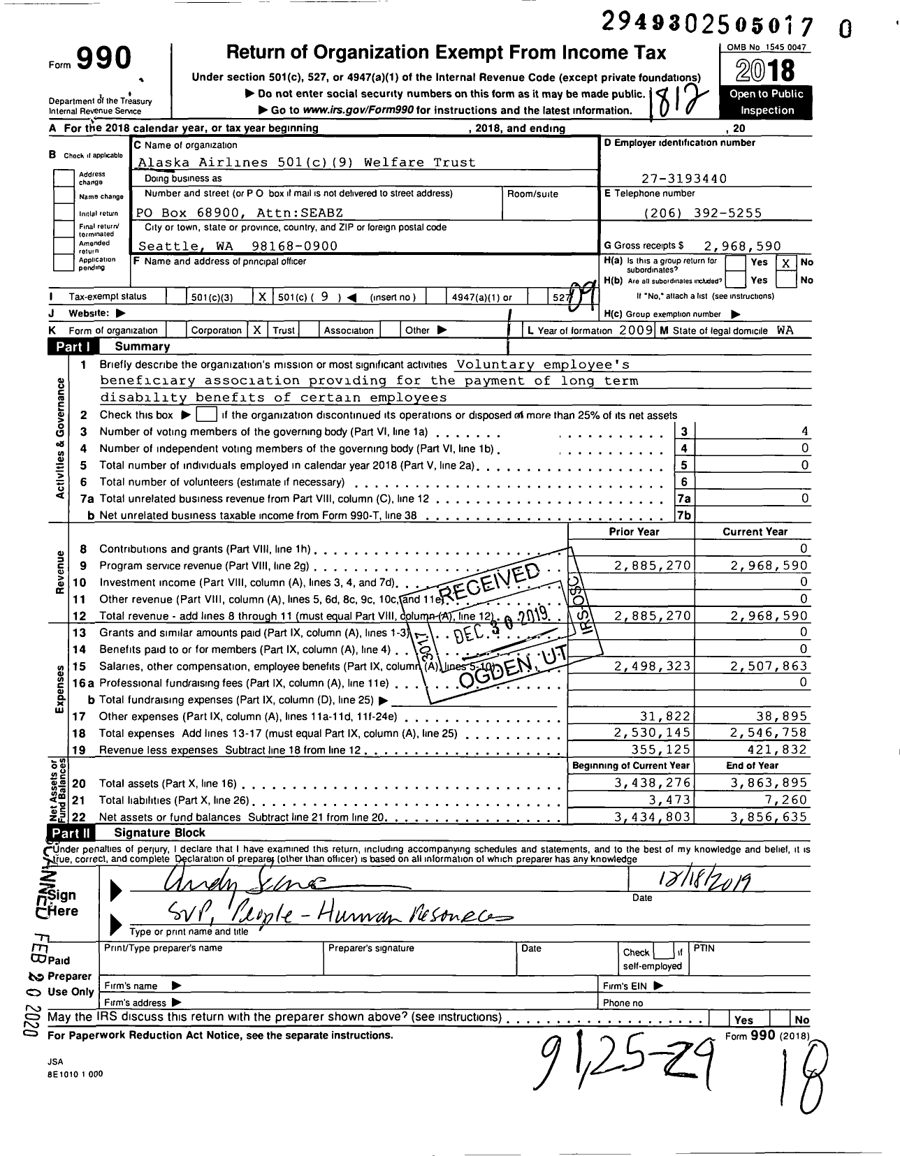 Image of first page of 2018 Form 990O for Alaska Airlines 501