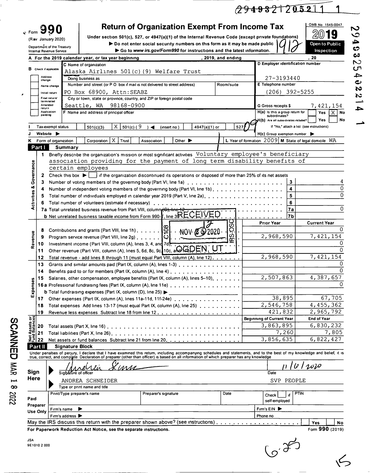 Image of first page of 2019 Form 990O for Alaska Airlines 501