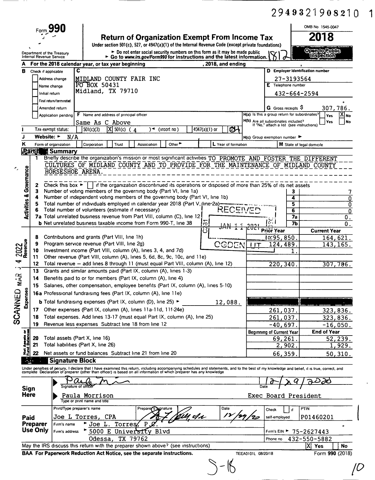 Image of first page of 2018 Form 990O for Midland County Fair