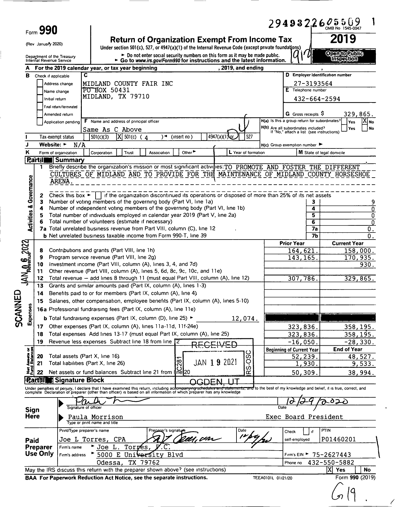 Image of first page of 2019 Form 990O for Midland County Fair