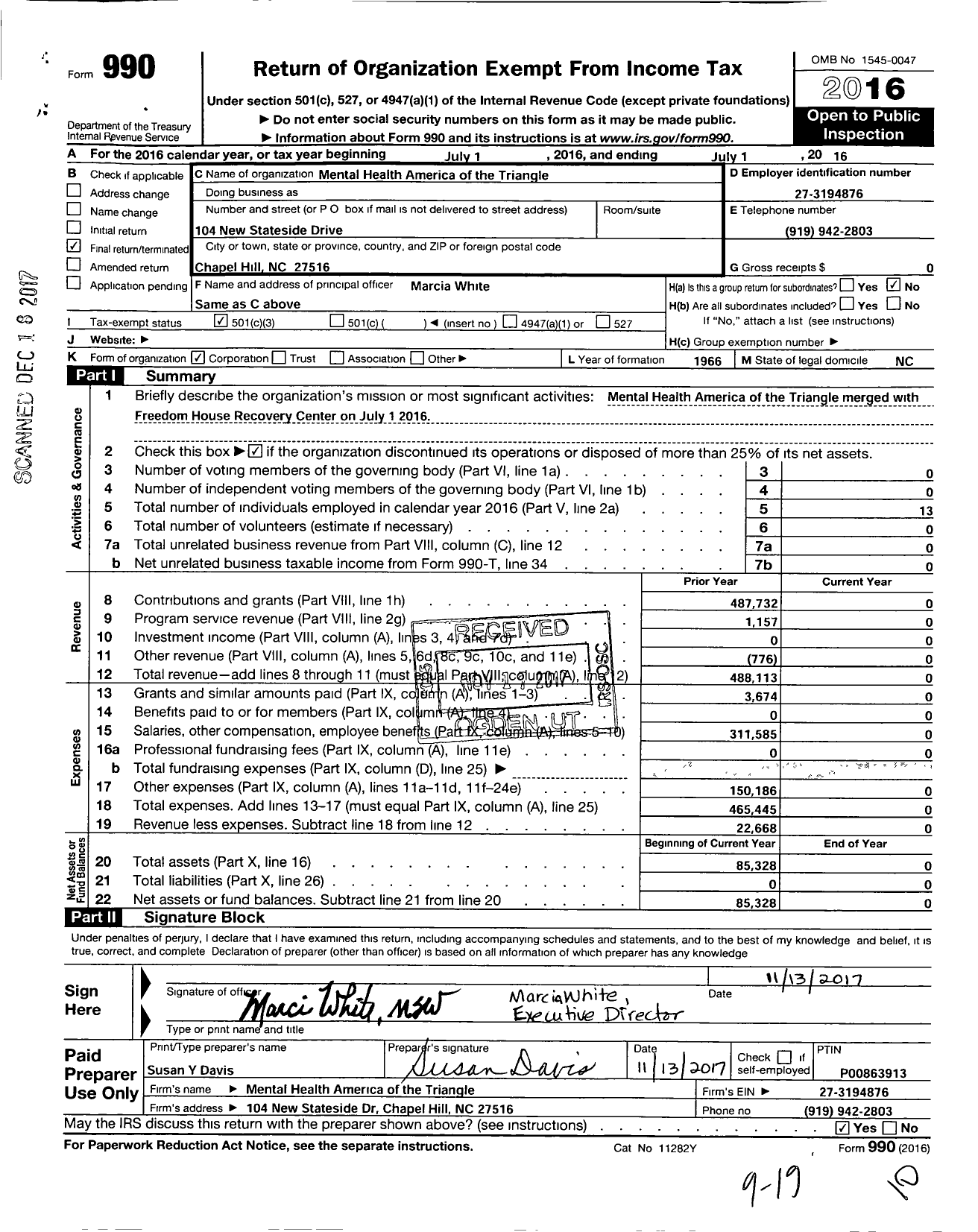 Image of first page of 2015 Form 990 for Mental Health America of the Triangle