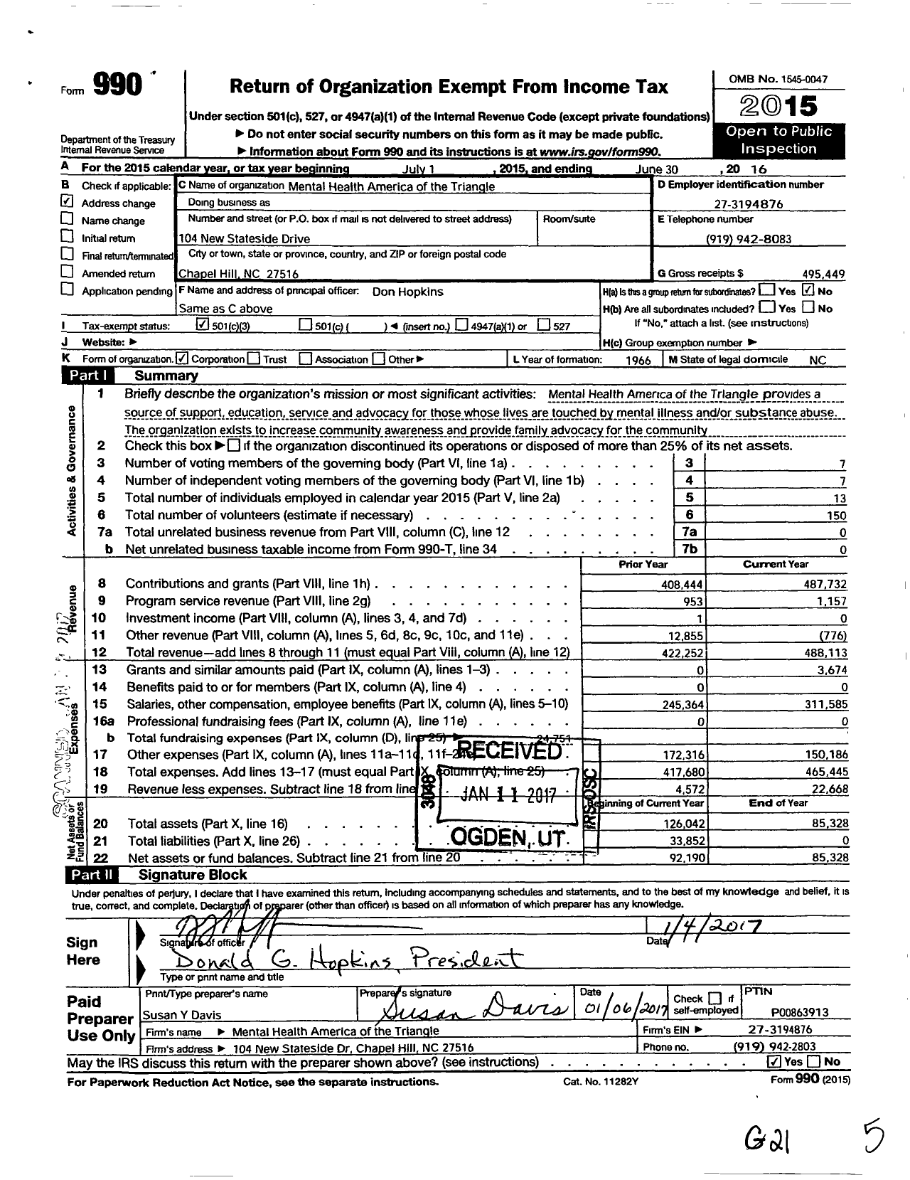 Image of first page of 2015 Form 990 for Mental Health America of the Triangle