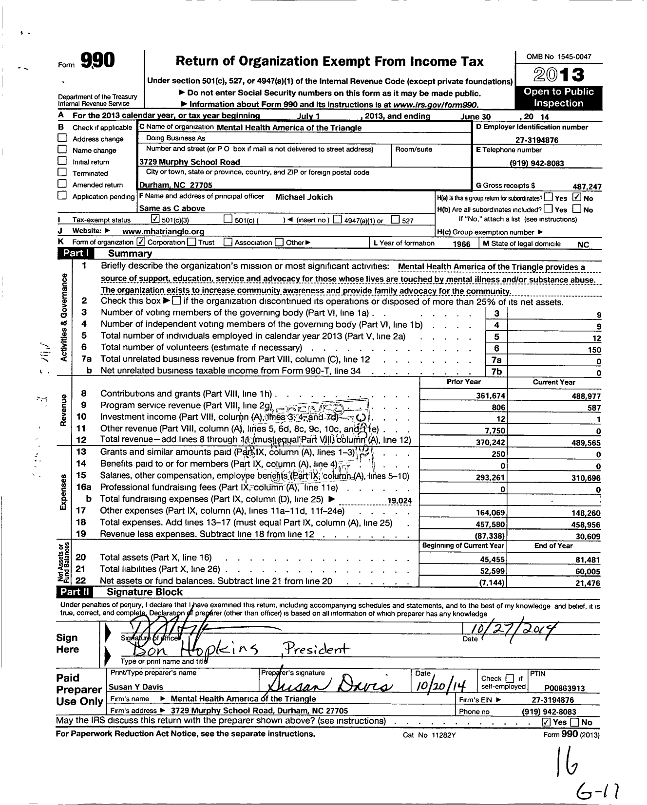 Image of first page of 2013 Form 990 for Mental Health America of the Triangle