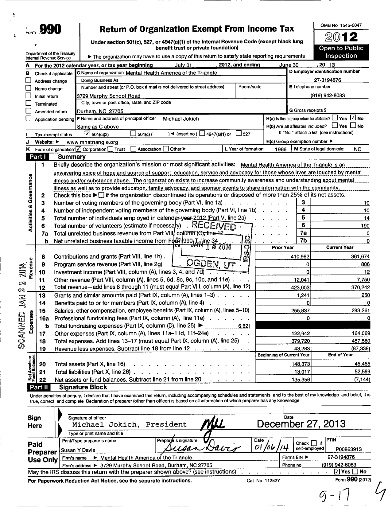 Image of first page of 2012 Form 990 for Mental Health America of the Triangle