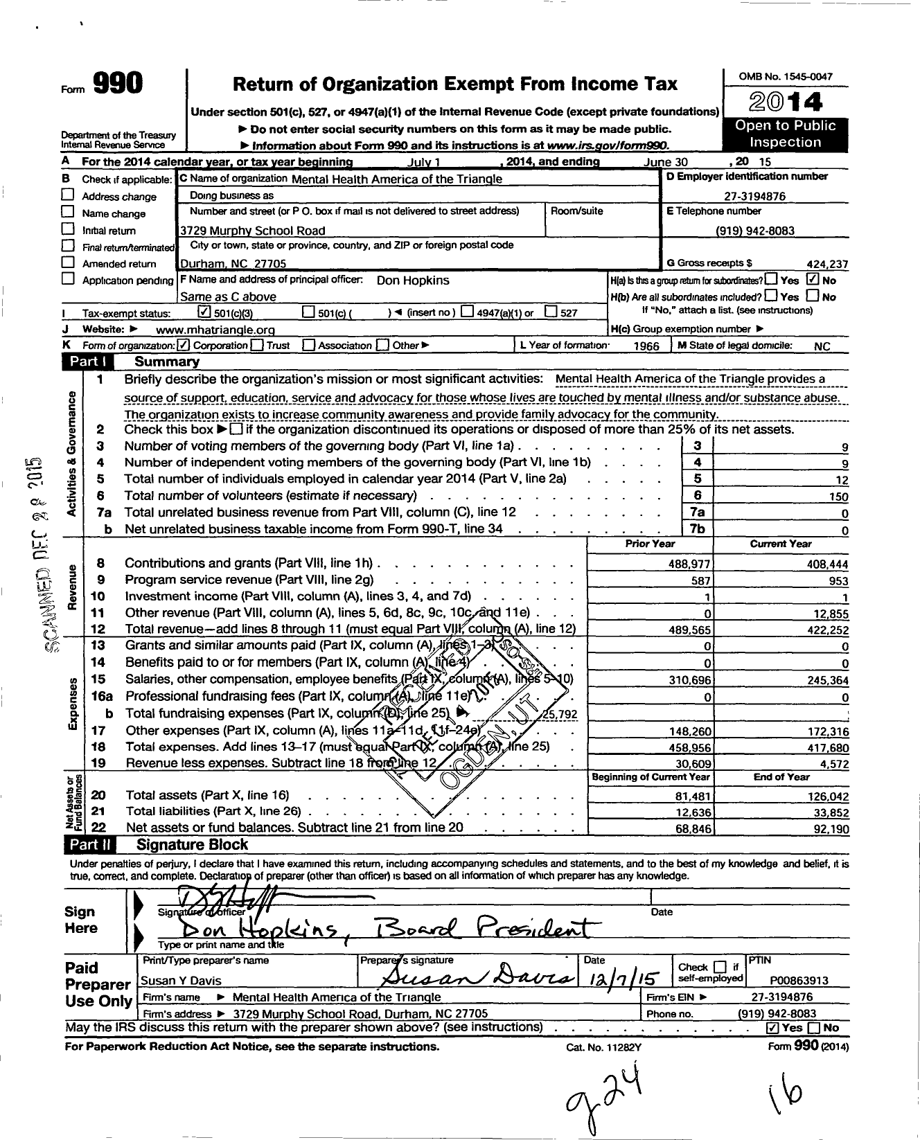 Image of first page of 2014 Form 990 for Mental Health America of the Triangle