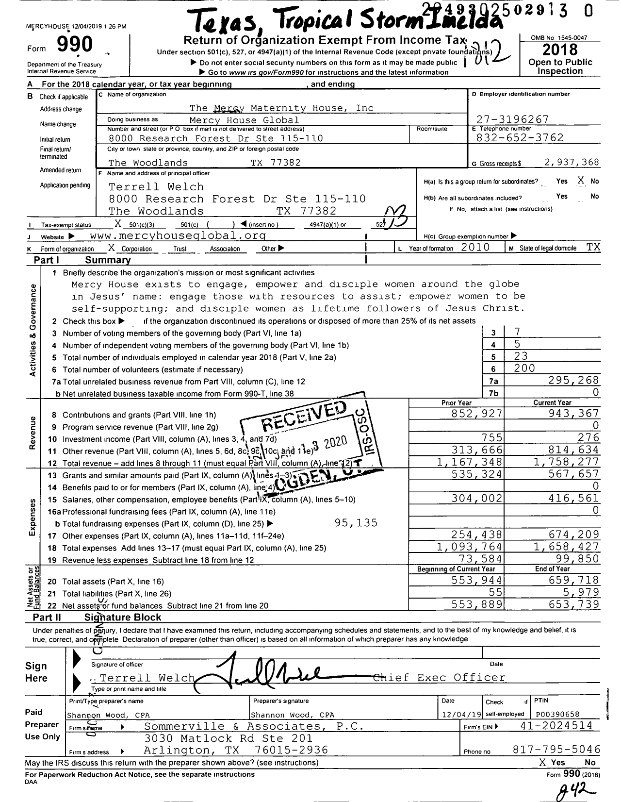 Image of first page of 2018 Form 990 for Mercy House Global