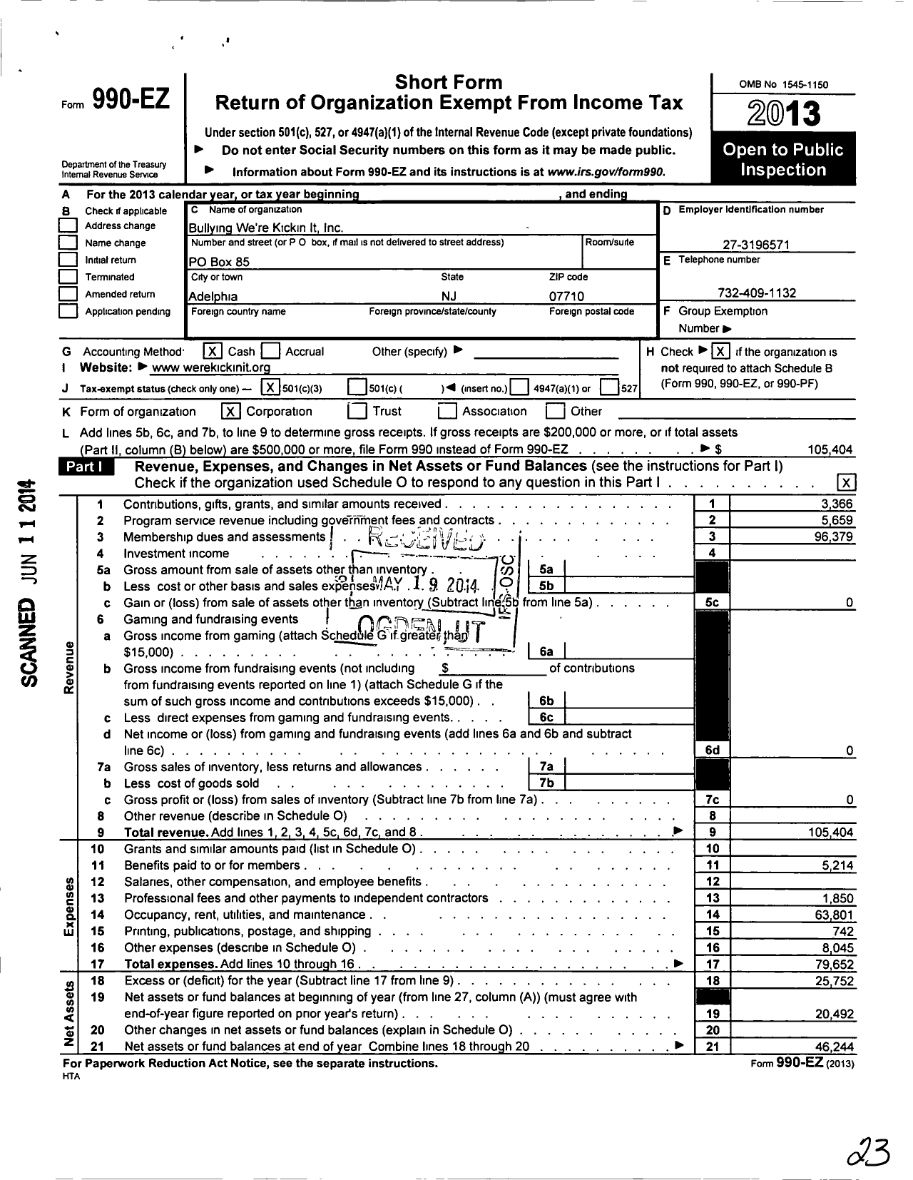 Image of first page of 2013 Form 990EZ for Bullying We're Kickin It