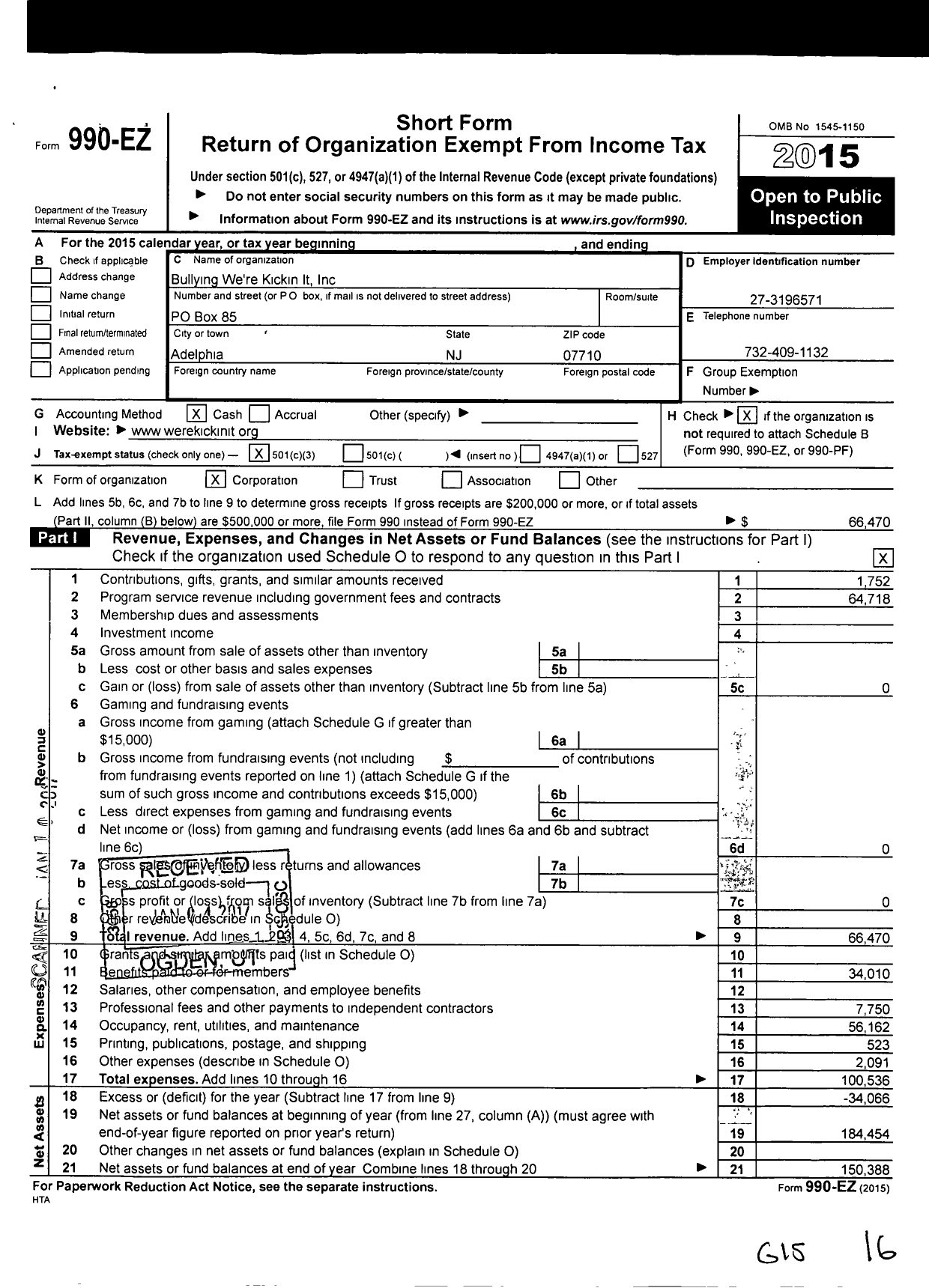 Image of first page of 2015 Form 990EZ for Bullying We're Kickin It