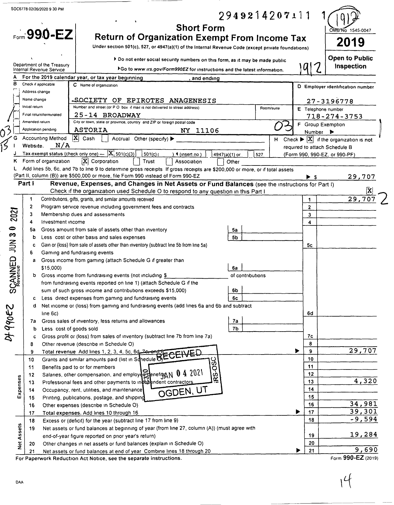 Image of first page of 2019 Form 990EZ for Society of Epirotes Anagenesis