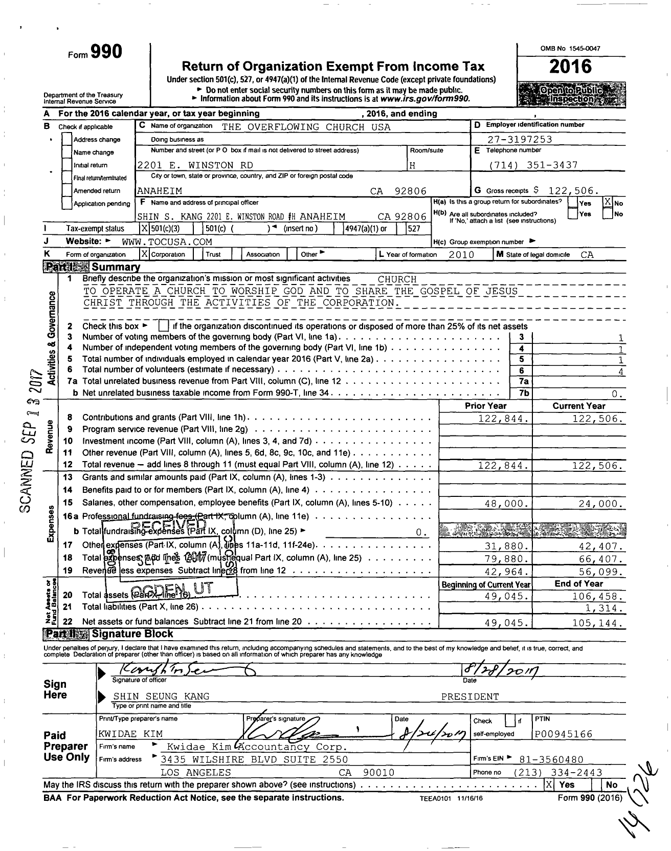 Image of first page of 2016 Form 990 for The Overflowing Church USA