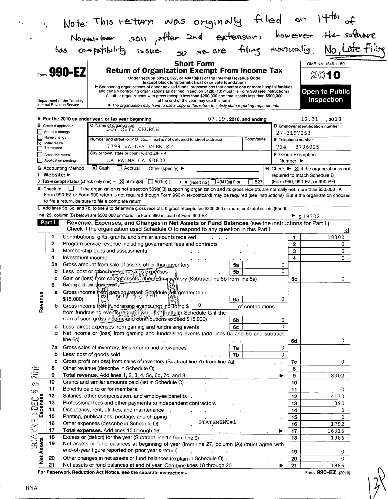 Image of first page of 2010 Form 990EZ for The Overflowing Church USA