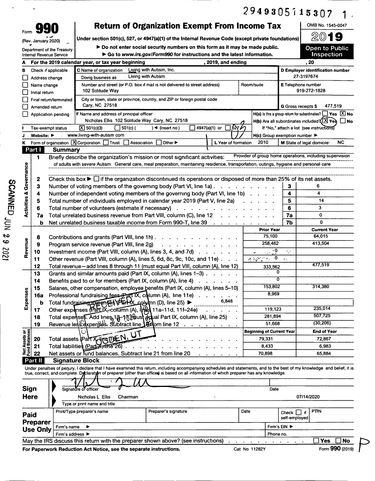 Image of first page of 2019 Form 990 for Living with Autism