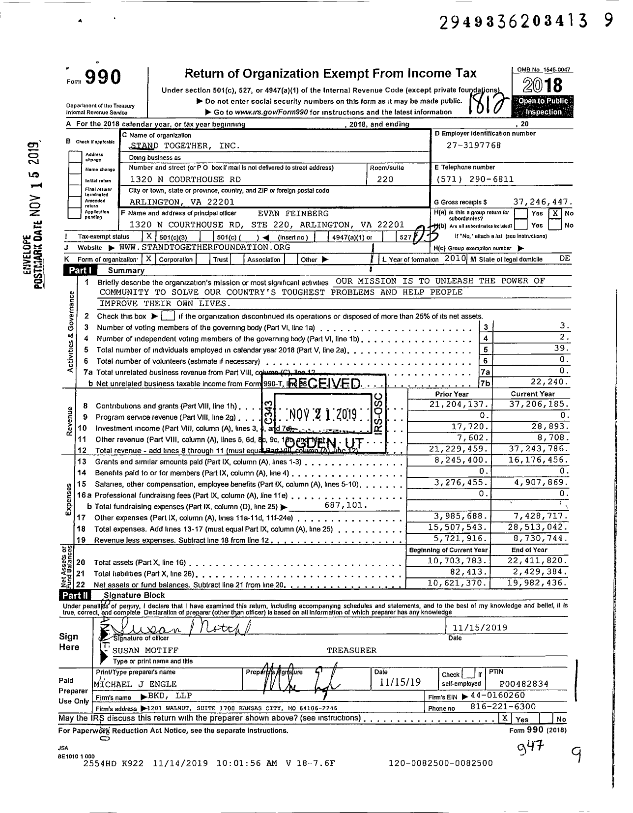 Image of first page of 2018 Form 990 for Stand Together Foundation