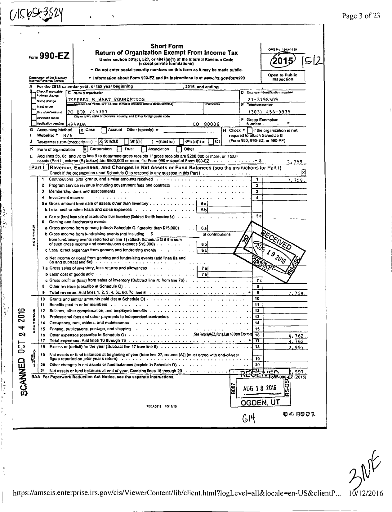 Image of first page of 2015 Form 990EZ for Jeffrey R Hart Foundation