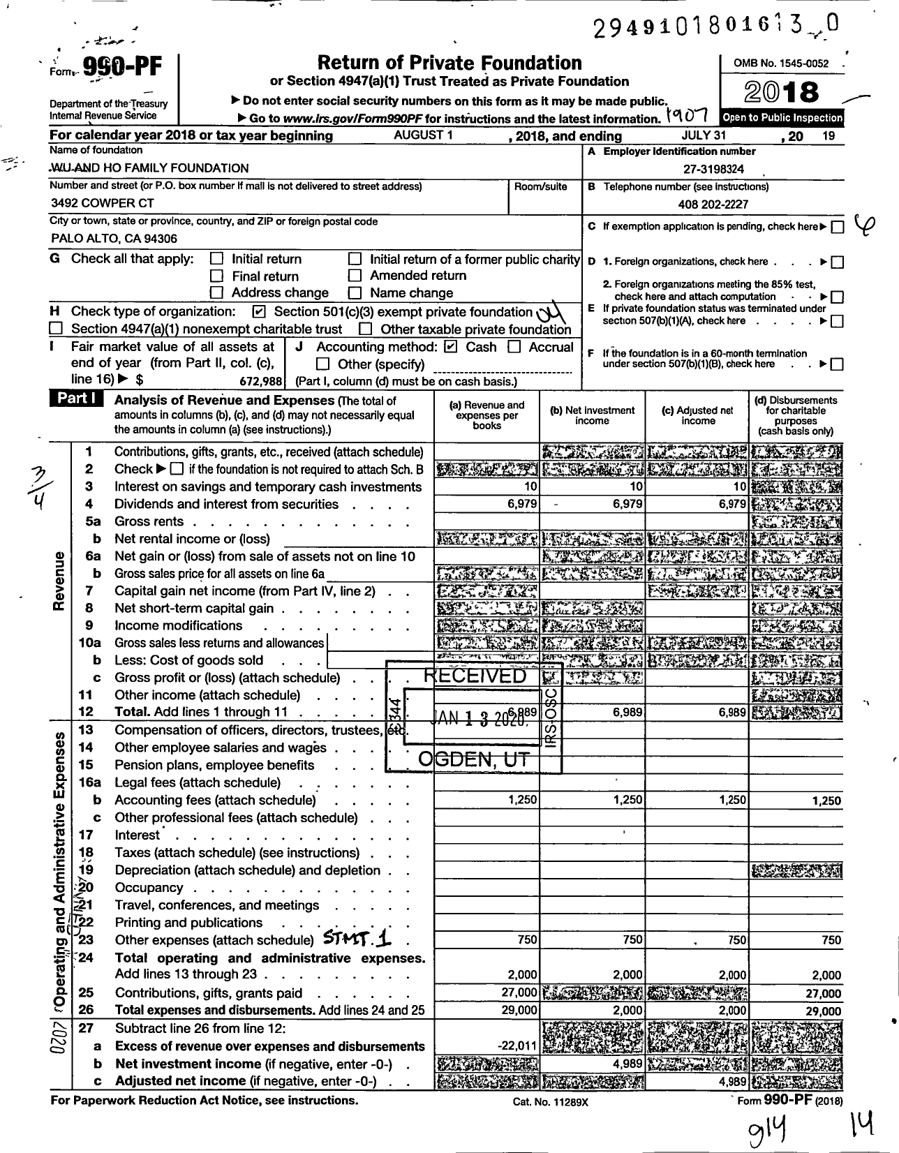 Image of first page of 2018 Form 990PR for Wu and Ho Family Foundation