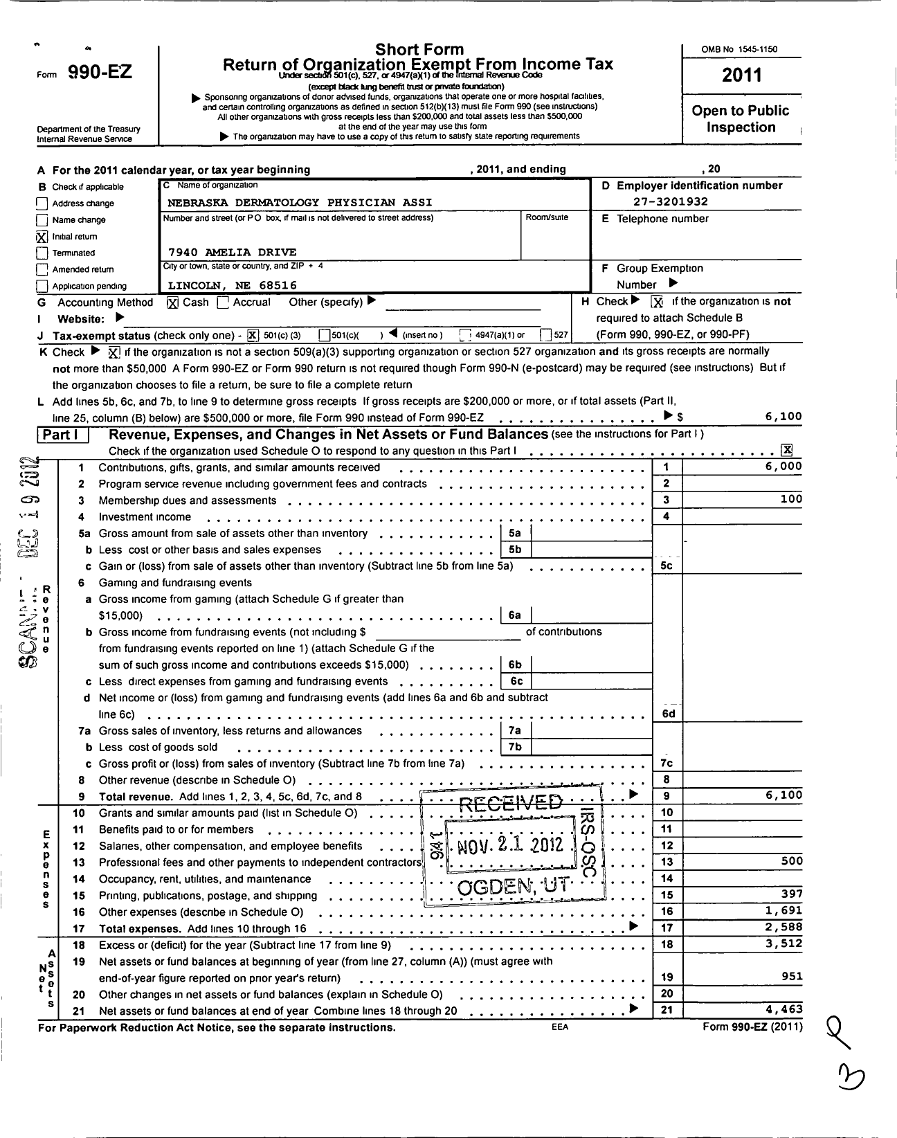 Image of first page of 2011 Form 990EZ for Nebraska Dermatology Physician Assistants