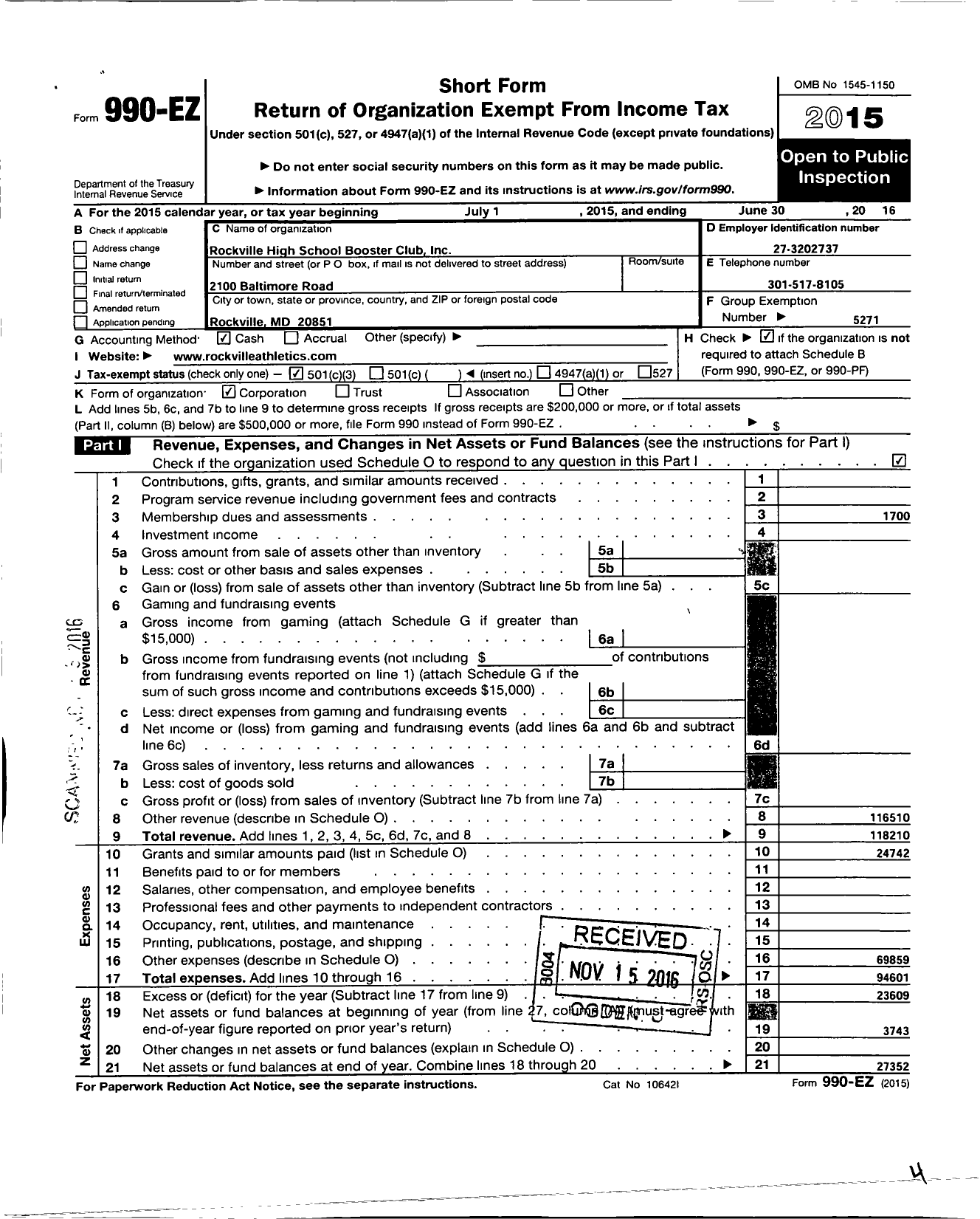 Image of first page of 2015 Form 990EZ for Parent Booster USA / Rockville HS Booster Club Inc