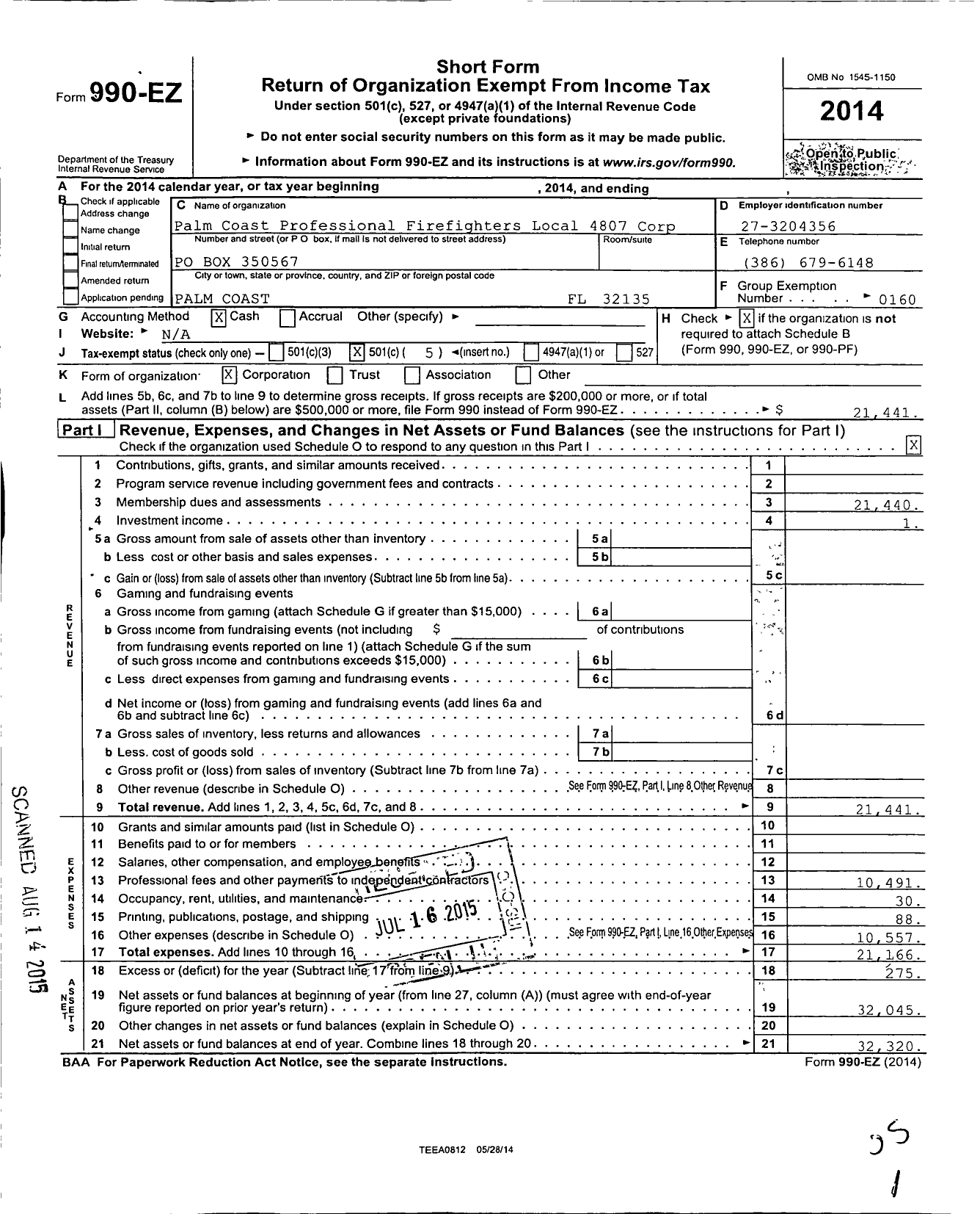 Image of first page of 2014 Form 990EO for International Association of Fire Fighters - L4807 Palm Coast