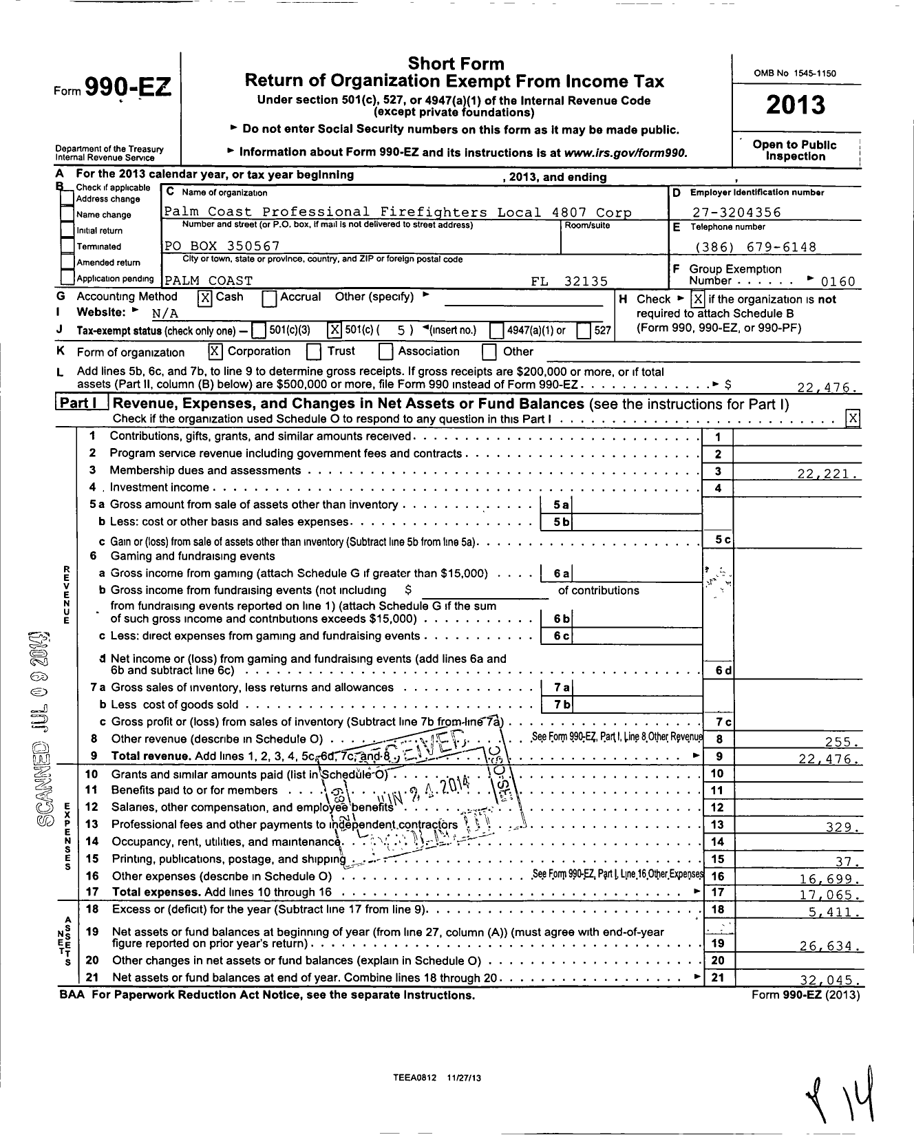 Image of first page of 2013 Form 990EO for International Association of Fire Fighters - L4807 Palm Coast