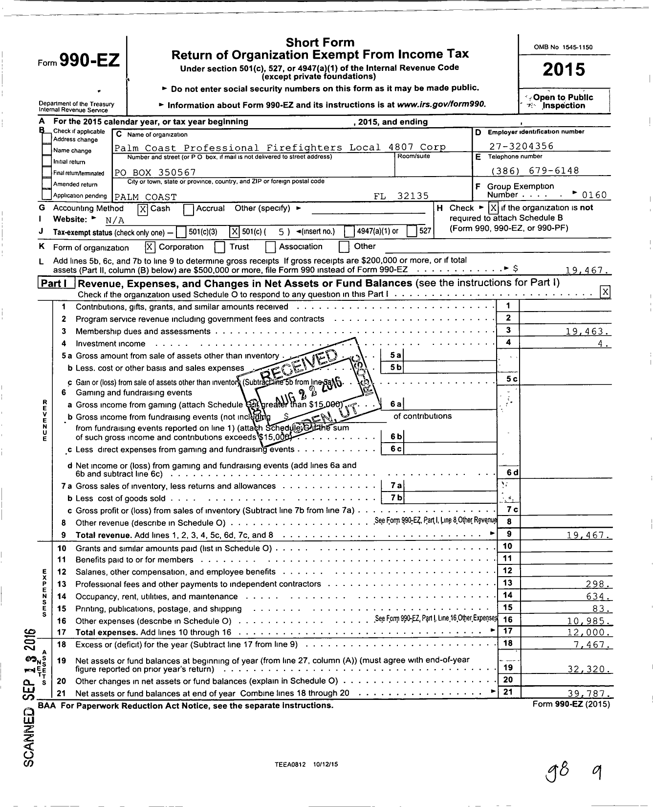 Image of first page of 2015 Form 990EO for International Association of Fire Fighters - L4807 Palm Coast