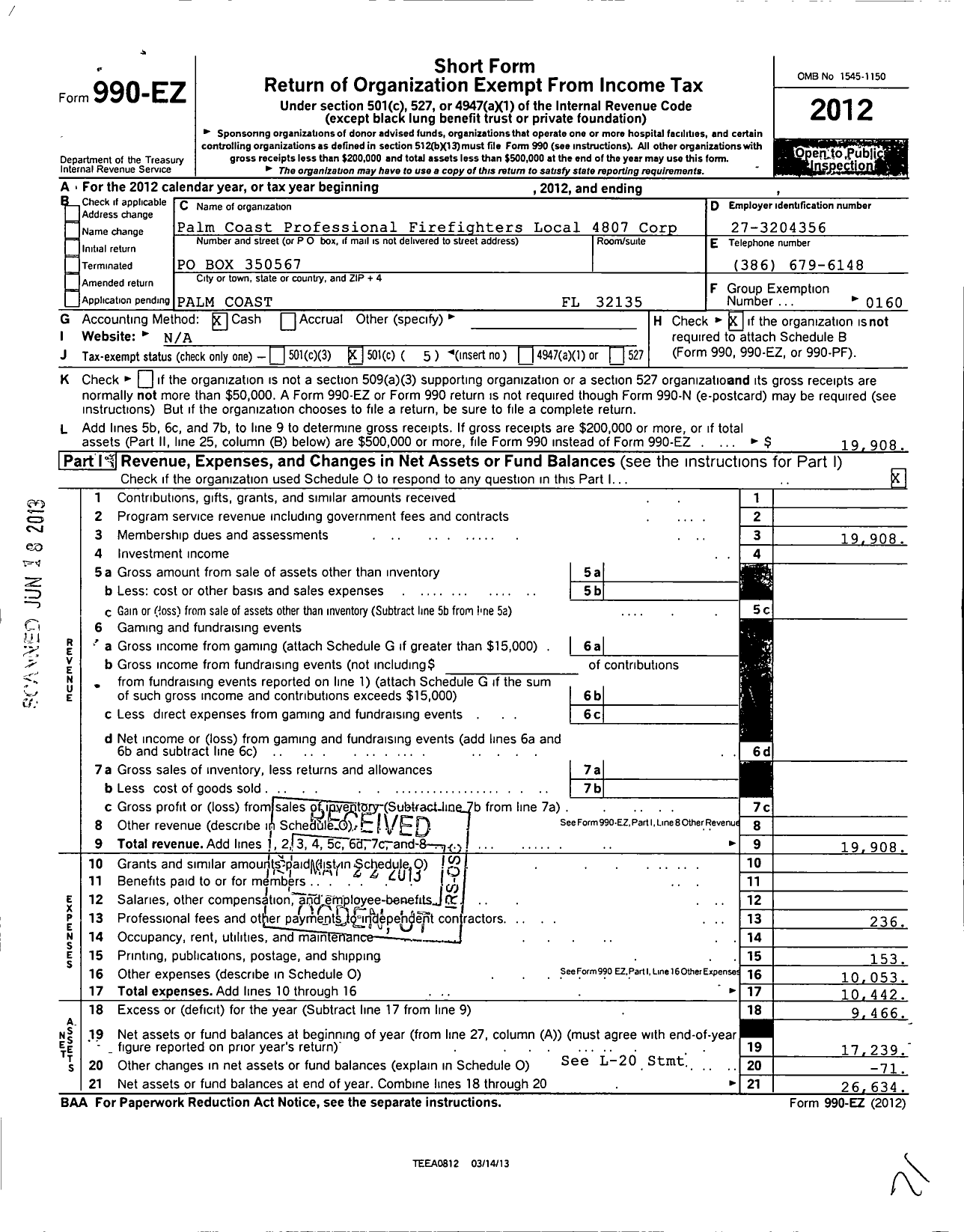 Image of first page of 2012 Form 990EO for International Association of Fire Fighters - L4807 Palm Coast