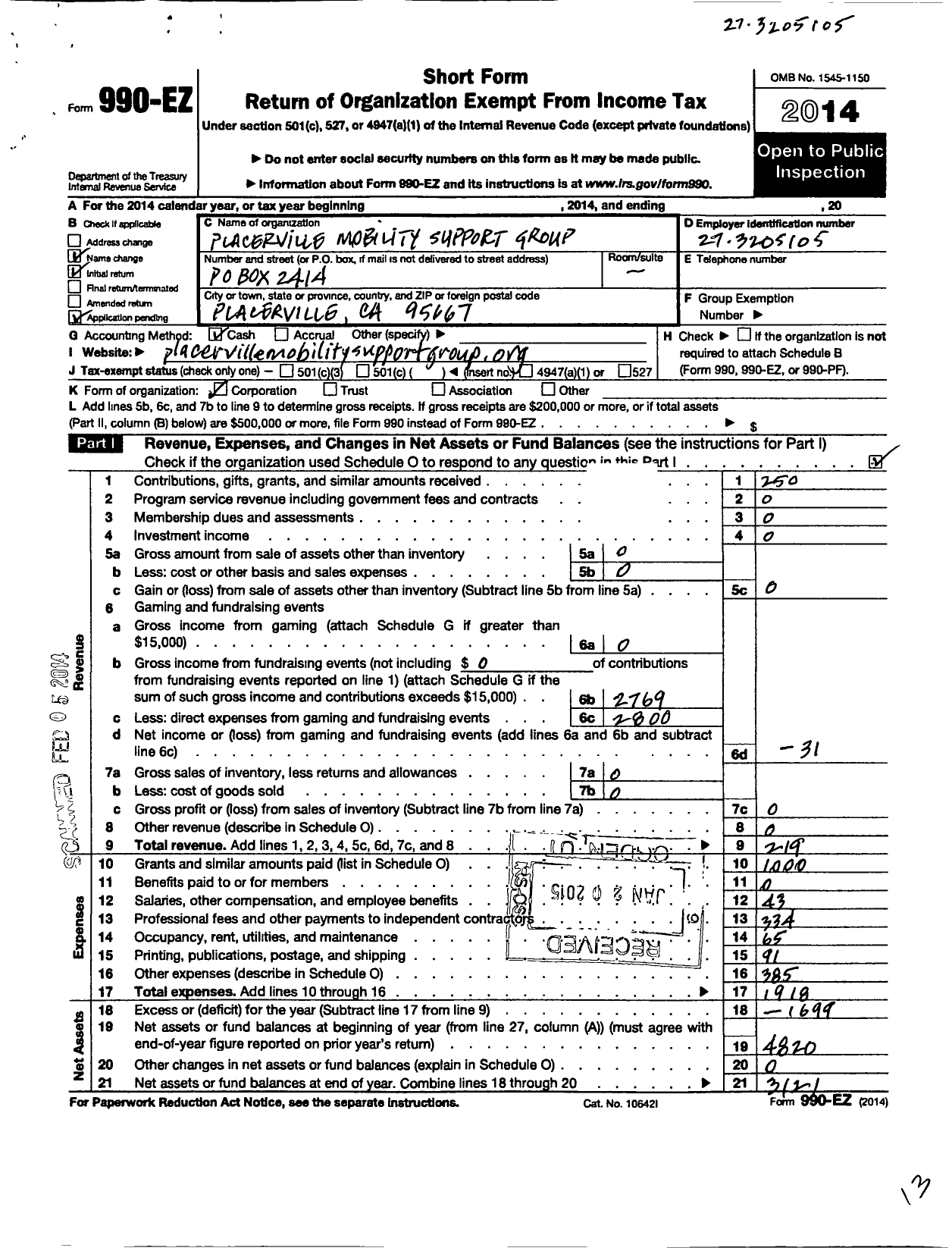 Image of first page of 2014 Form 990EO for Placerville Mobility Support Group