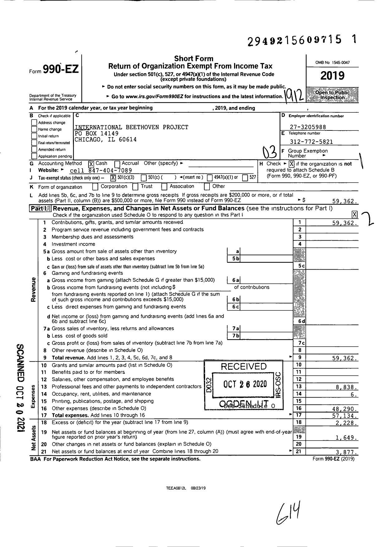 Image of first page of 2019 Form 990EZ for International Beethoven Project