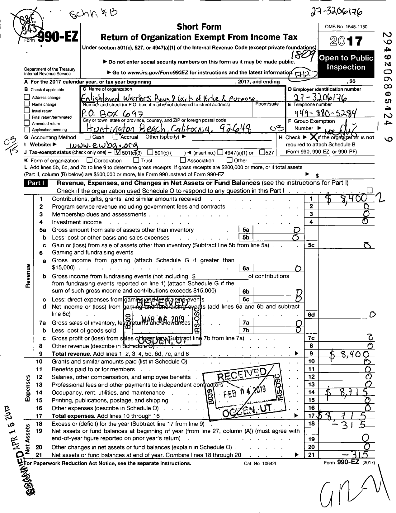 Image of first page of 2017 Form 990EZ for Enlightened Warriors Boys Girls of Virtue and Purpose