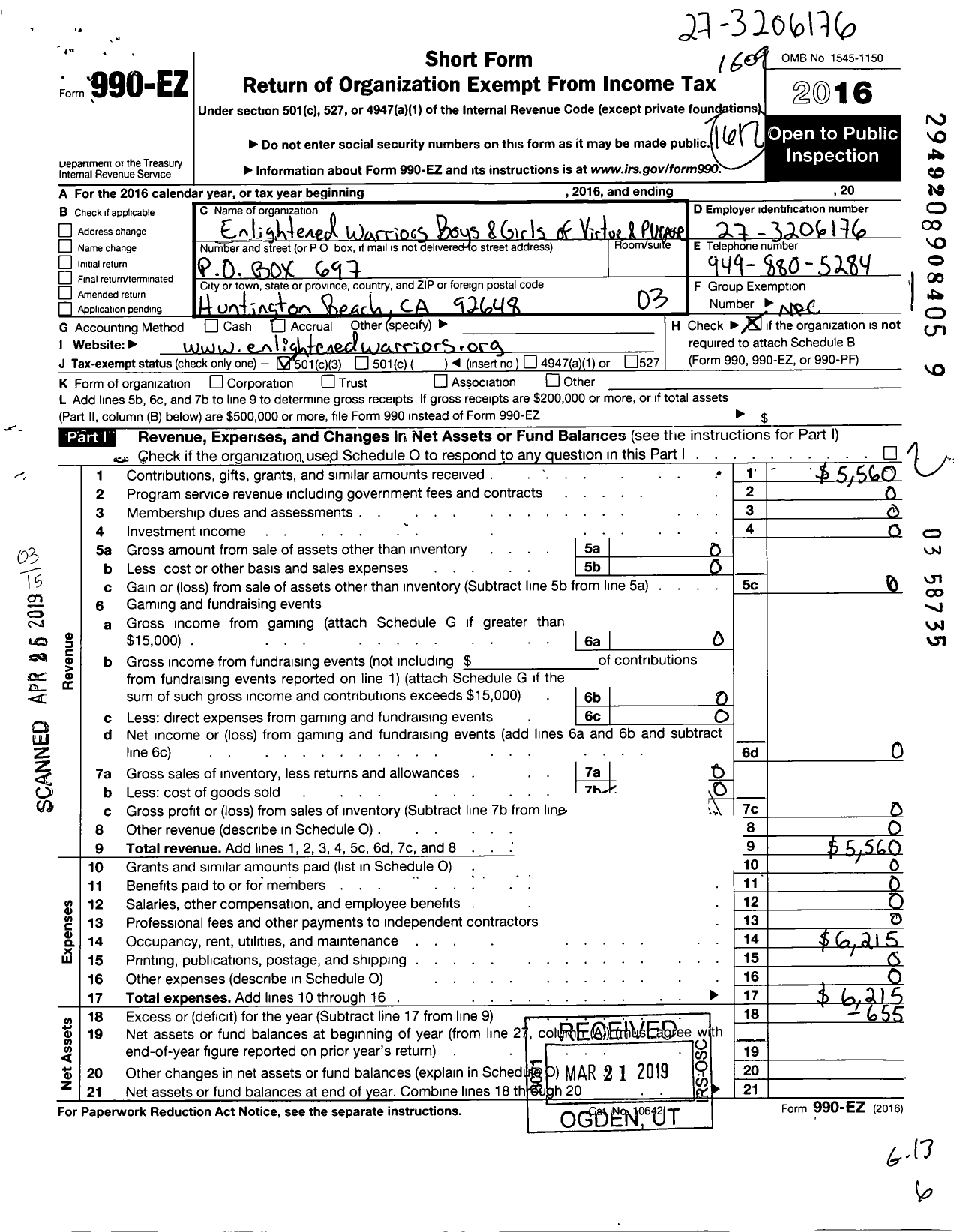 Image of first page of 2015 Form 990EZ for Enlightened Warriors Boys Girls of Virtue and Purpose