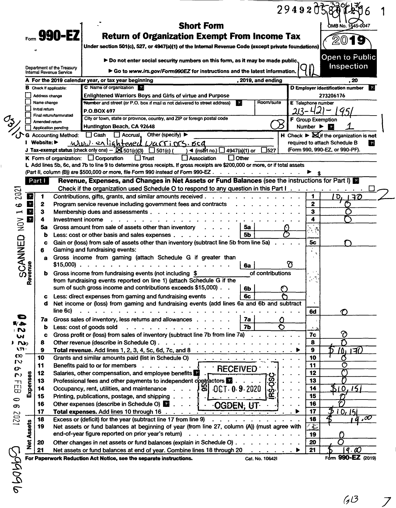 Image of first page of 2019 Form 990EZ for Enlightened Warriors Boys Girls of Virtue and Purpose