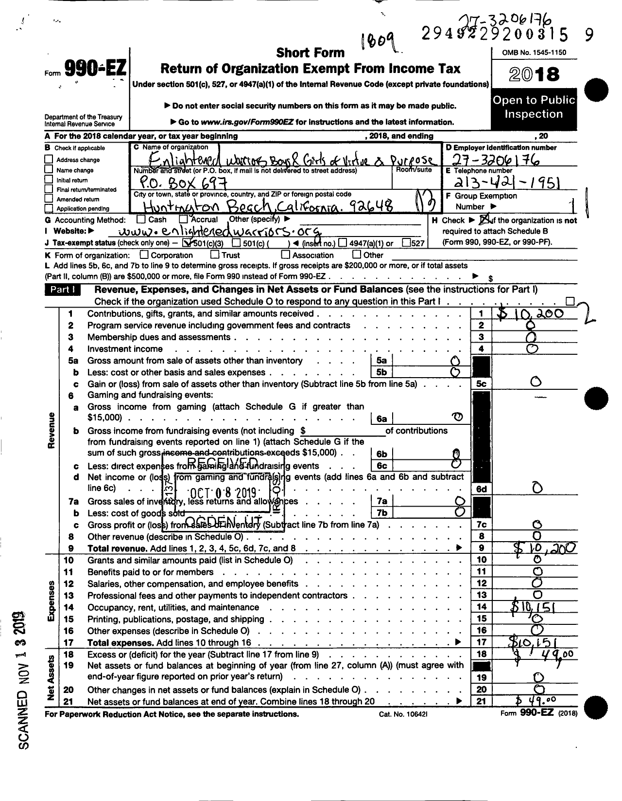 Image of first page of 2018 Form 990EZ for Enlightened Warriors Boys Girls of Virtue and Purpose