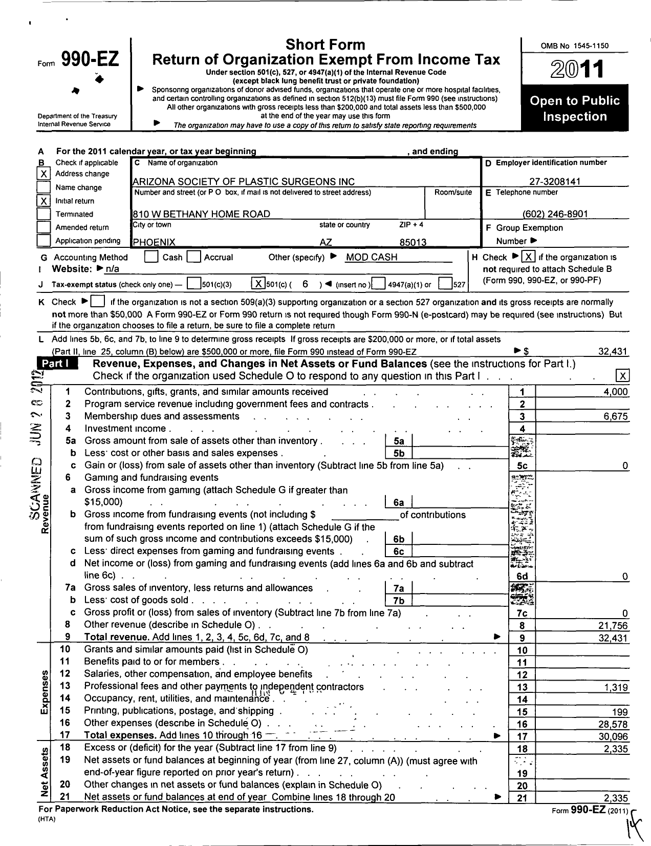 Image of first page of 2011 Form 990EO for Arizona Society of Plastic Surgeons