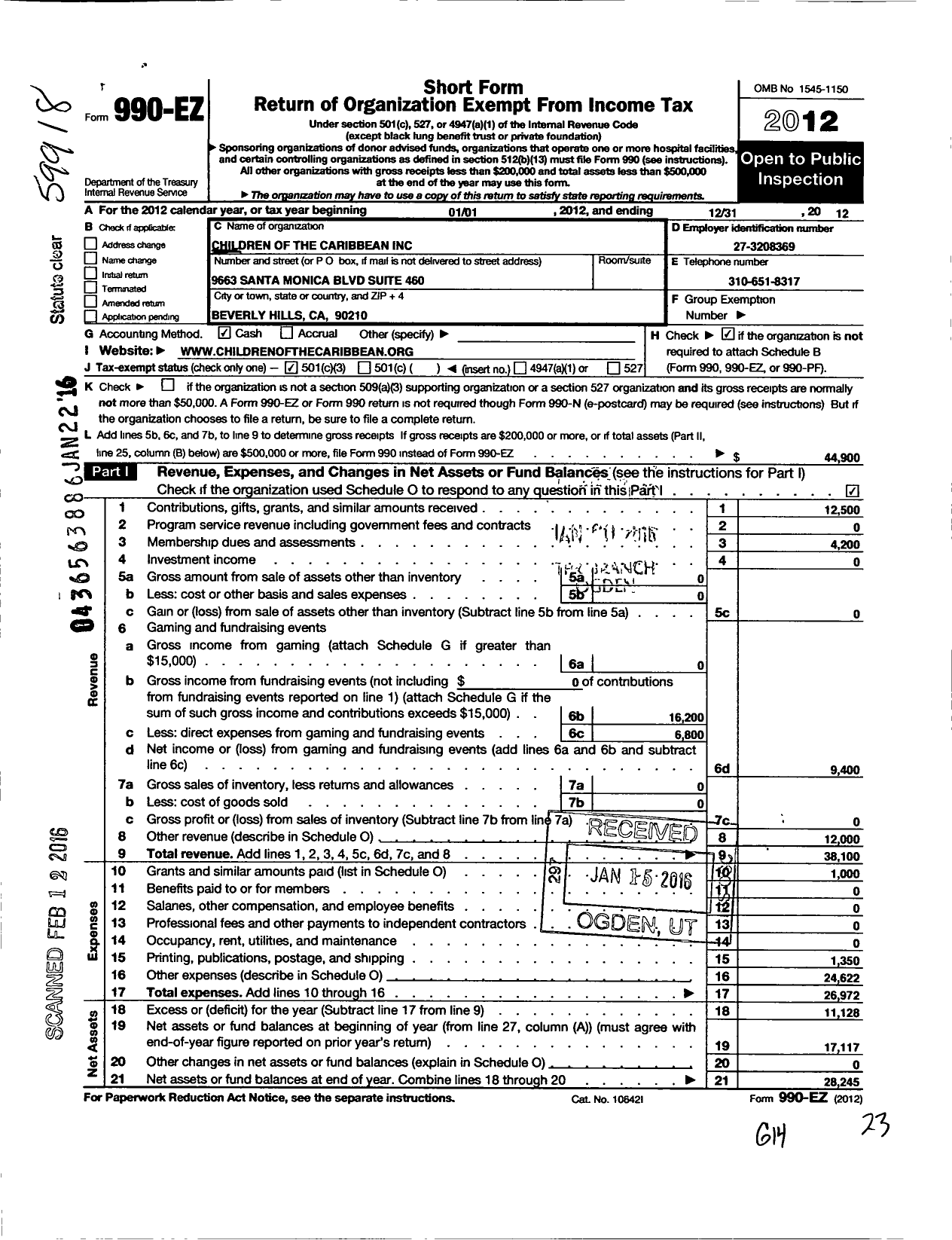 Image of first page of 2012 Form 990EZ for Children of the Caribbean