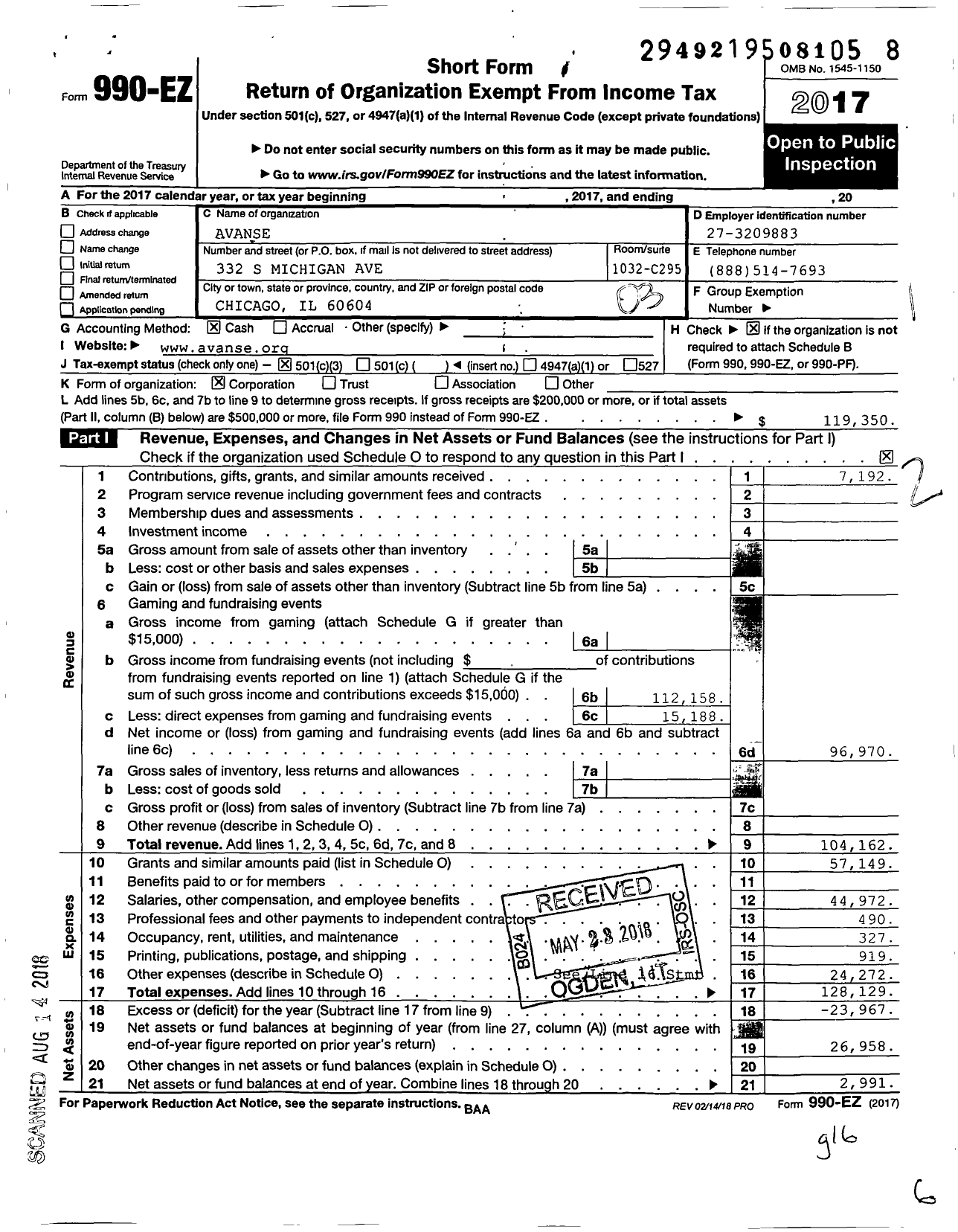 Image of first page of 2017 Form 990EZ for Avanse