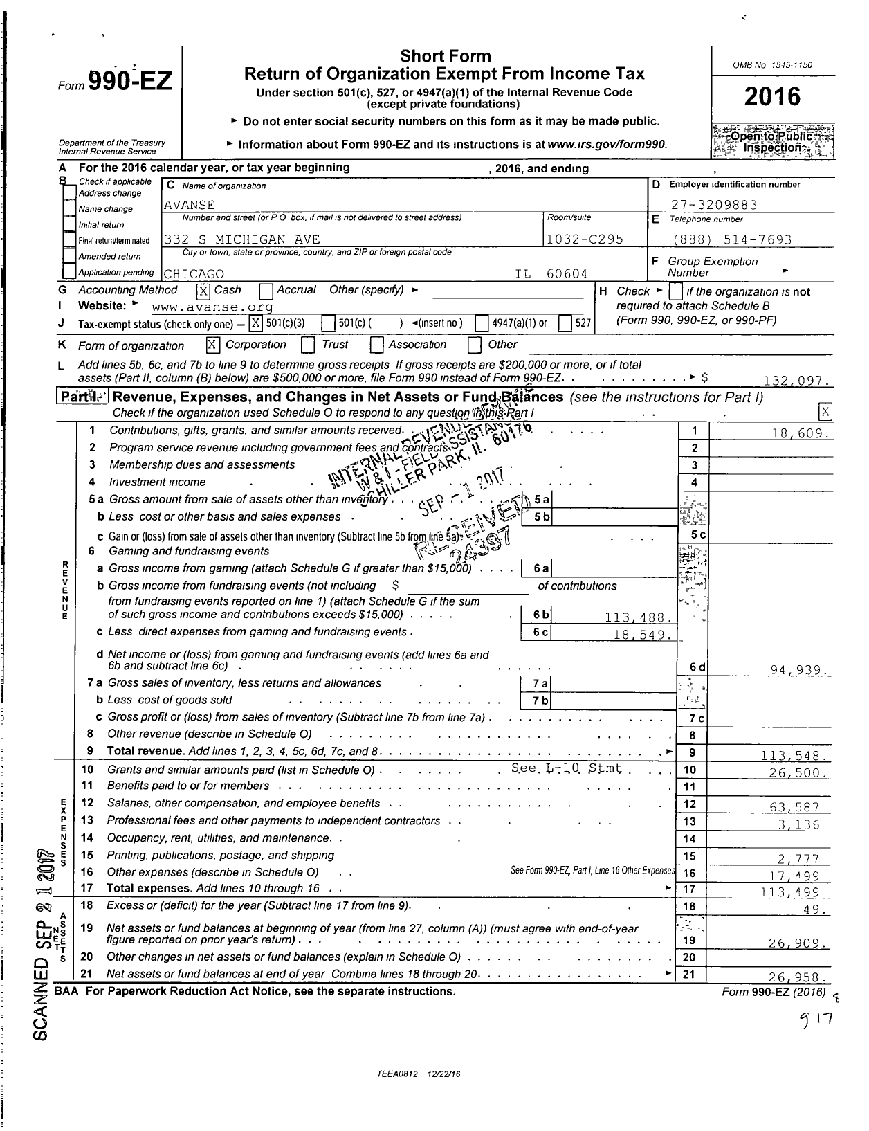 Image of first page of 2016 Form 990EZ for Avanse