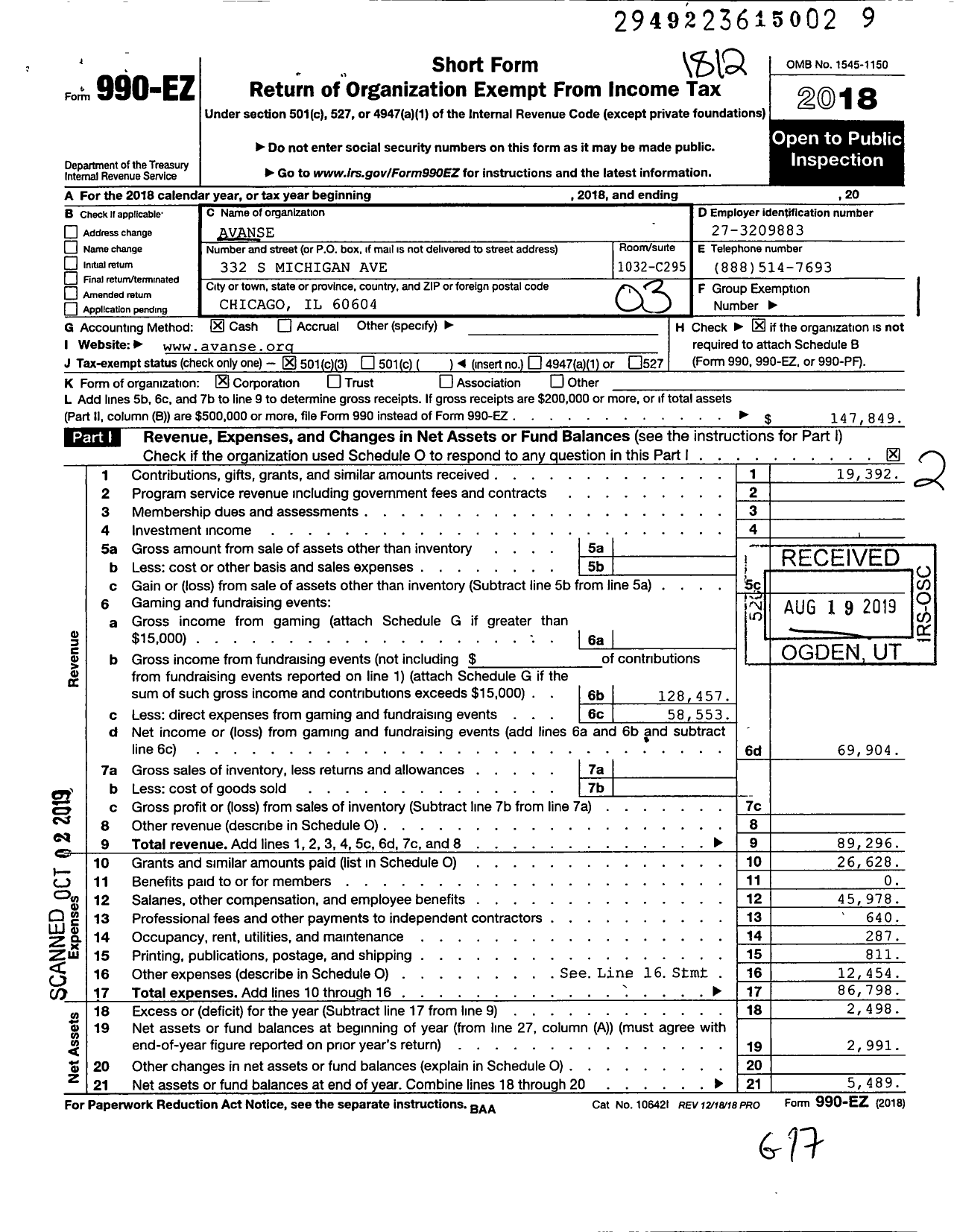 Image of first page of 2018 Form 990EZ for Avanse