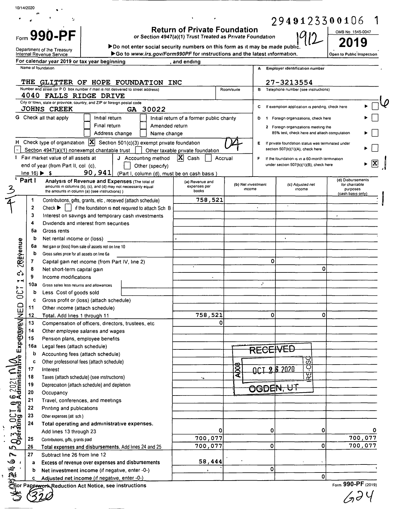 Image of first page of 2019 Form 990PF for The Glitter of Hope Foundation