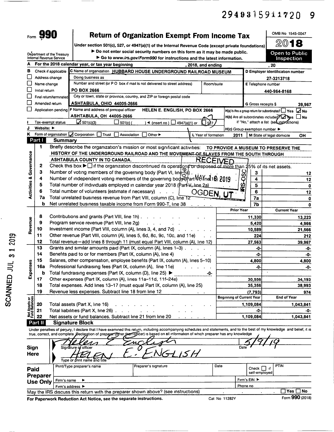 Image of first page of 2018 Form 990 for Hubbard House Underground Railroad Museum