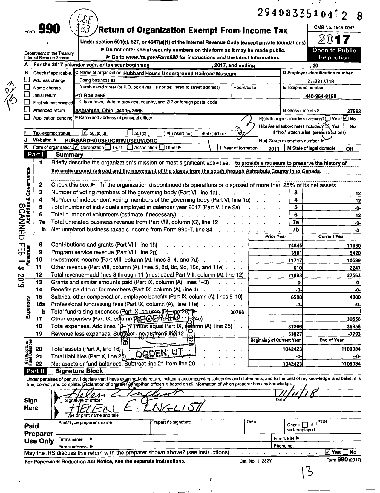 Image of first page of 2017 Form 990 for Hubbard House Underground Railroad Museum