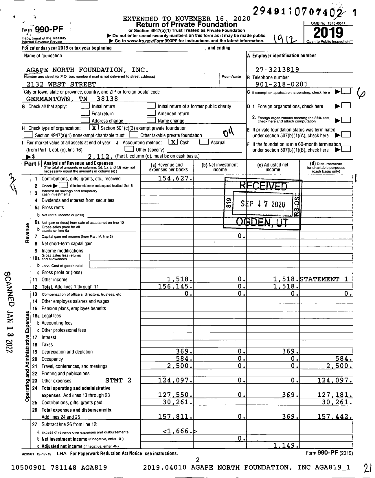 Image of first page of 2019 Form 990PF for Agape North Foundation