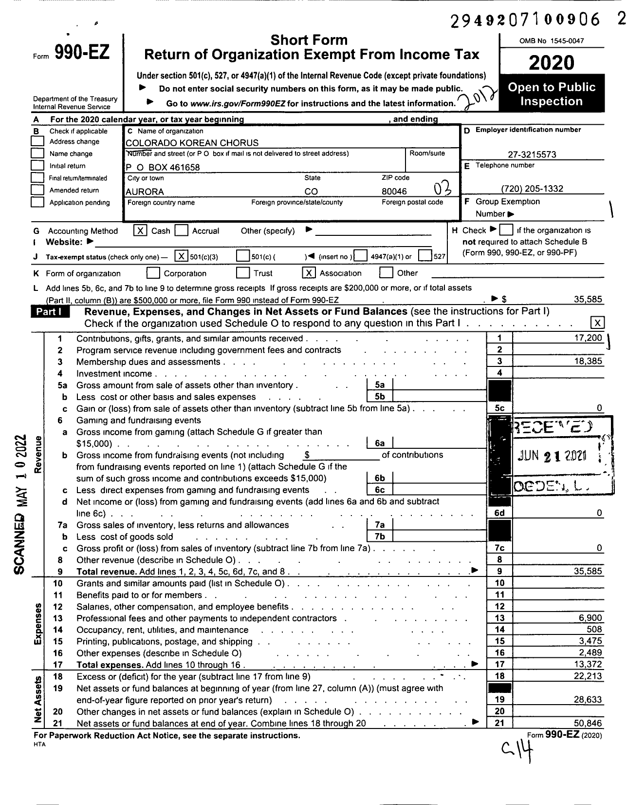 Image of first page of 2020 Form 990EZ for Colorado Korean Chorus