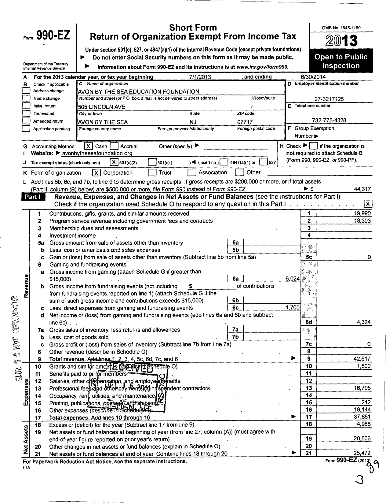 Image of first page of 2013 Form 990EZ for Avon By the Sea Education Foundation A NJ Nonprofit Corporation