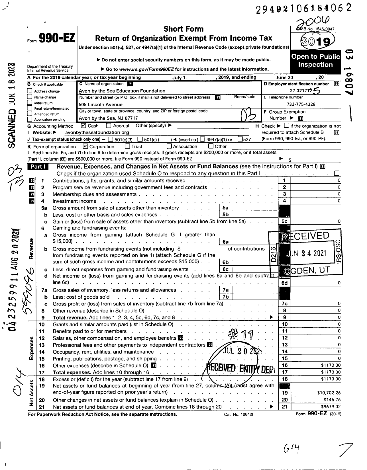 Image of first page of 2019 Form 990EZ for Avon By the Sea Education Foundation A NJ Nonprofit Corporation