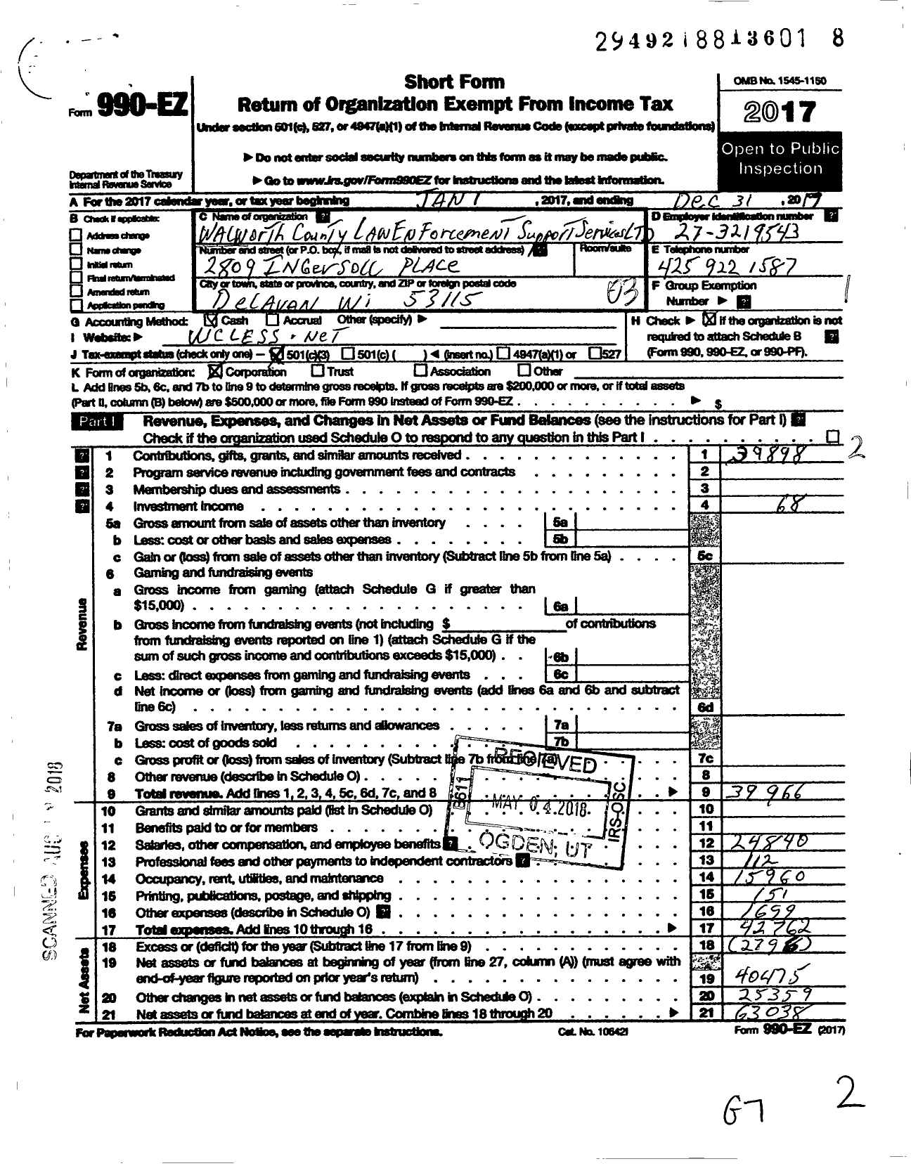 Image of first page of 2017 Form 990EZ for Walworth County Law Enforcement Support Services