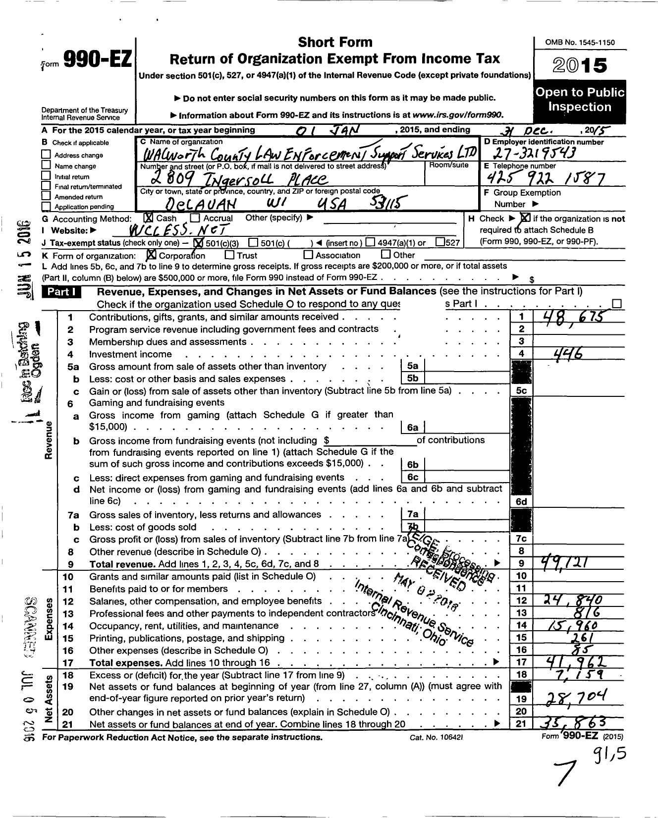 Image of first page of 2015 Form 990EZ for Walworth County Law Enforcement Support Services