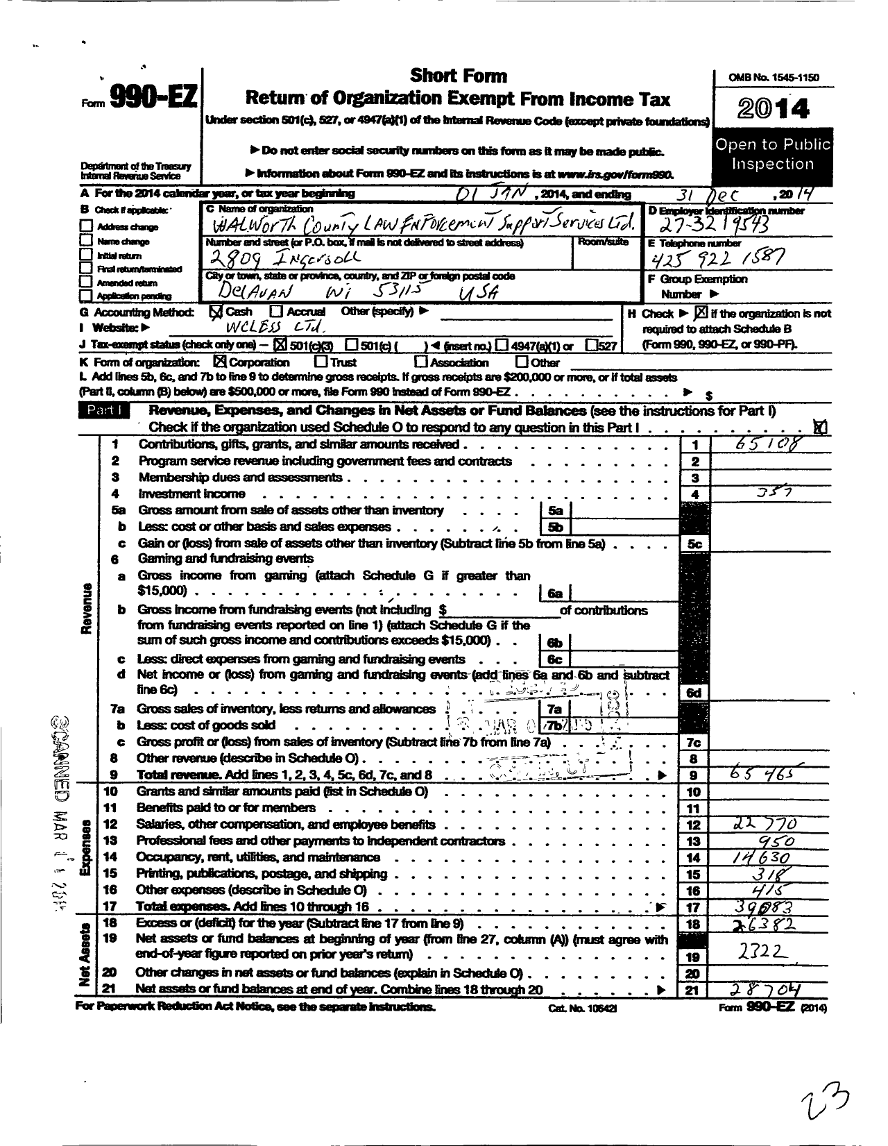 Image of first page of 2014 Form 990EZ for Walworth County Law Enforcement Support Services