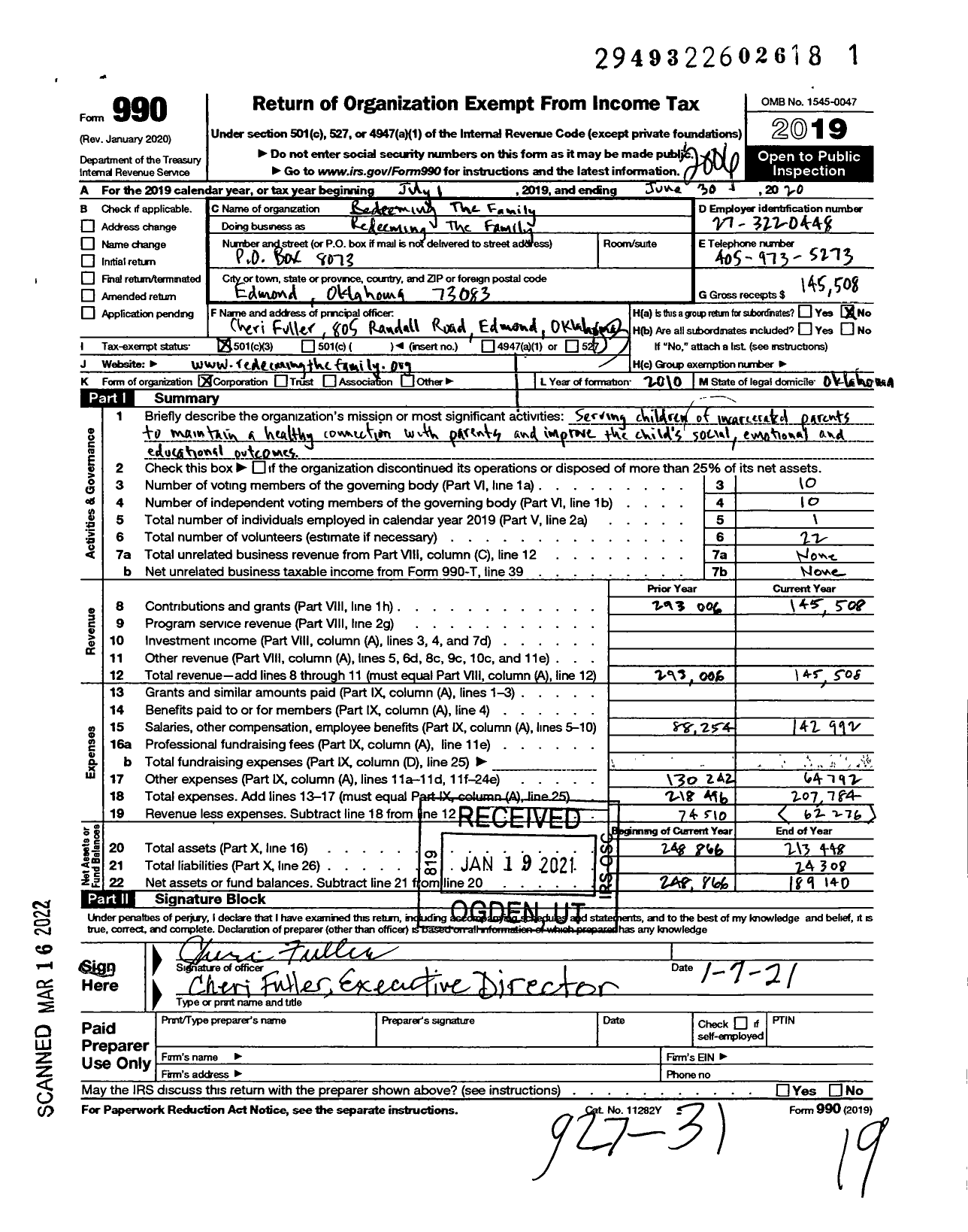 Image of first page of 2019 Form 990 for Redeeming the Family