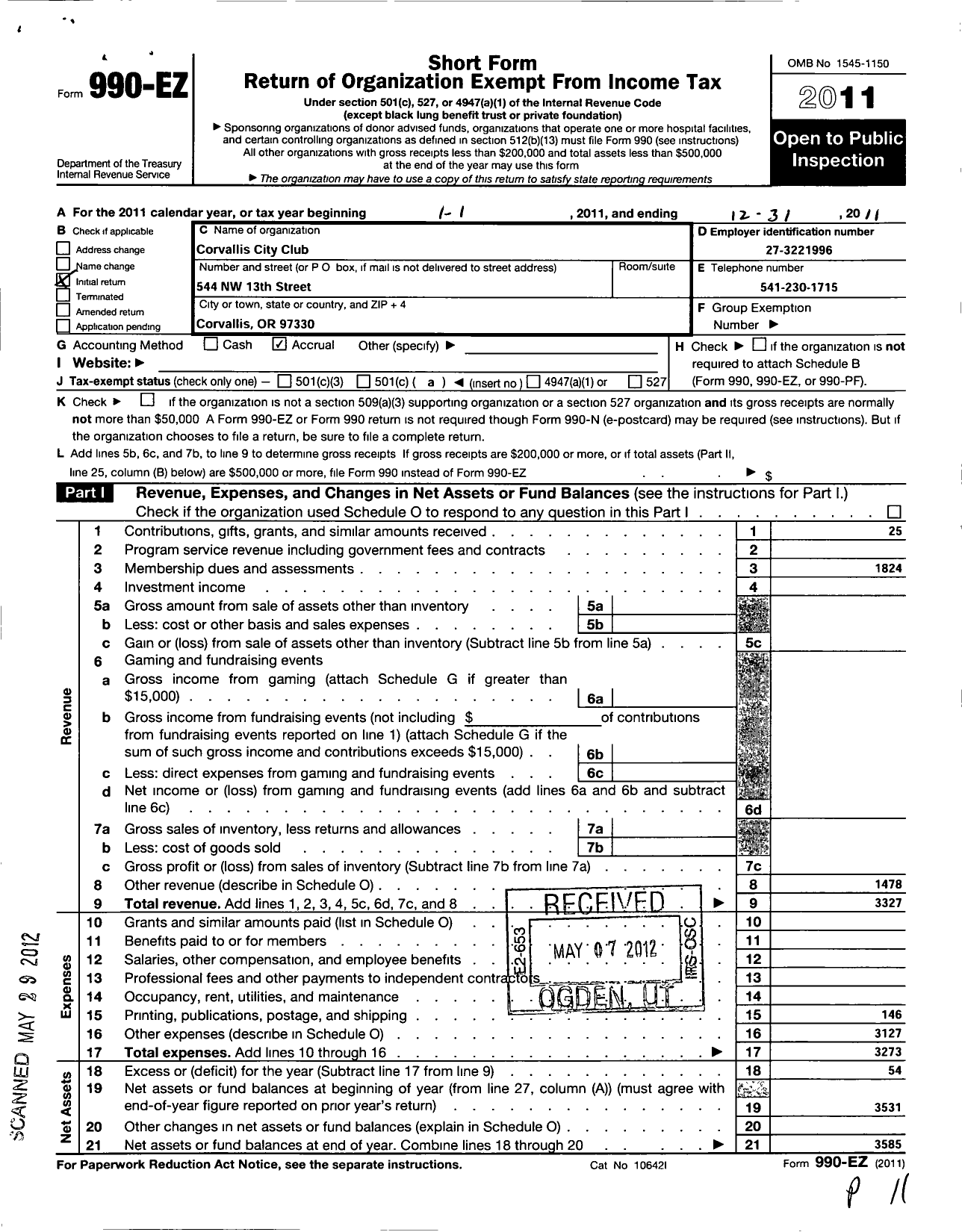 Image of first page of 2011 Form 990EO for Corvallis City Club