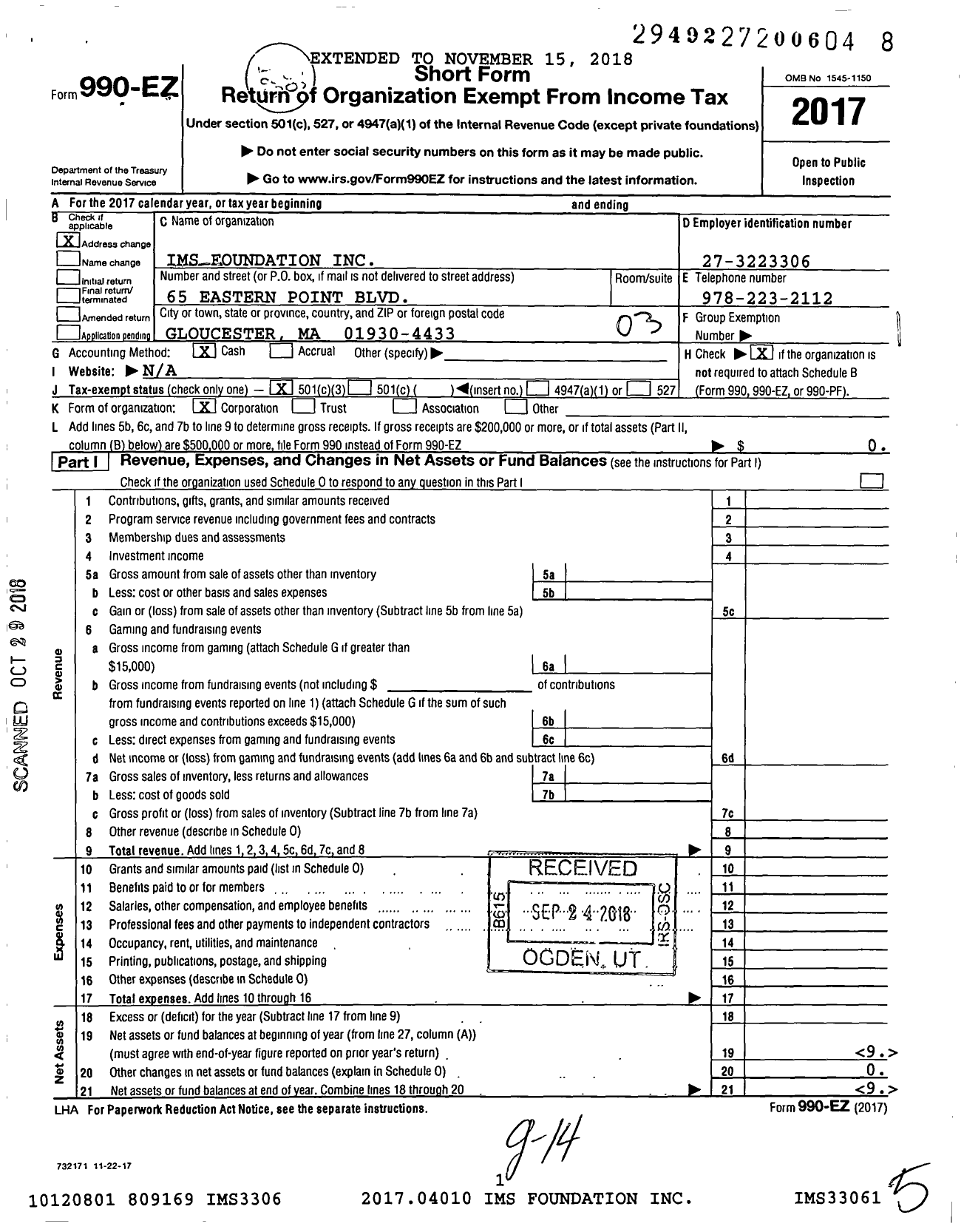 Image of first page of 2017 Form 990EZ for Ims Foundation / Copley Foundation